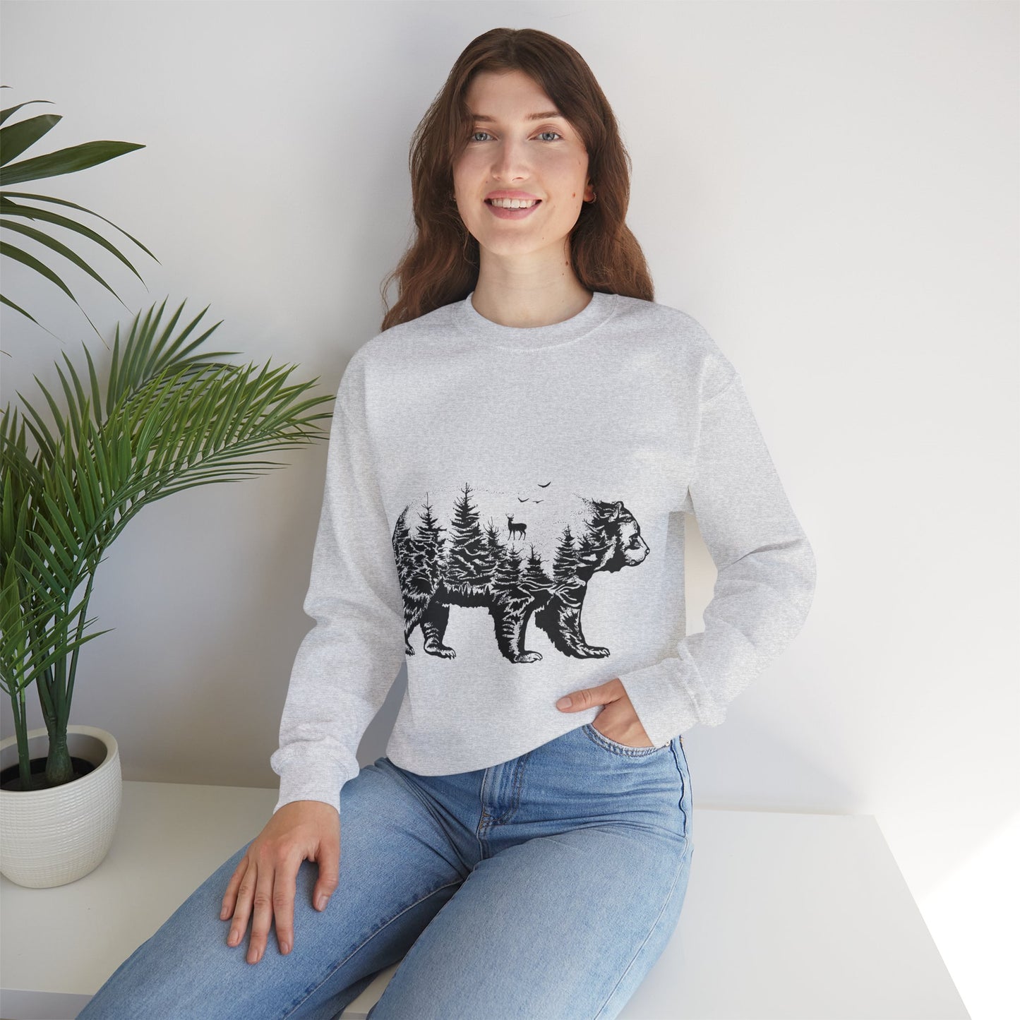 Bear Forest Crewneck Sweatshirt – Woodland Double Exposure Graphic