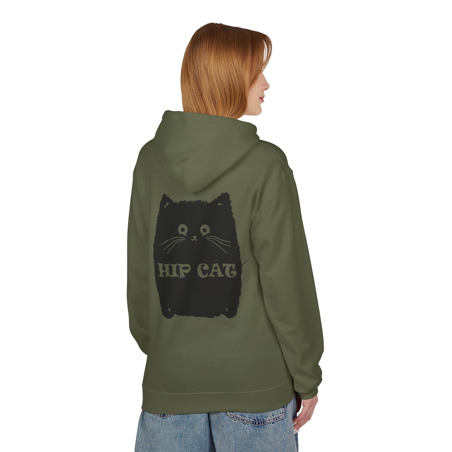 Hip Cat Graphic Hoodie — Cute Retro Cat Illustration "Hip Cat" Back Print