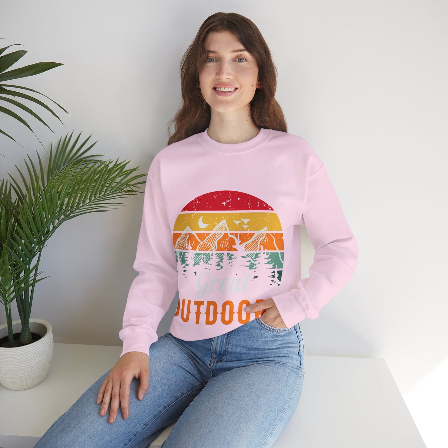 Great Outdoors Crewneck Sweatshirt — Vintage Sunset Camping Hoodie Alternative