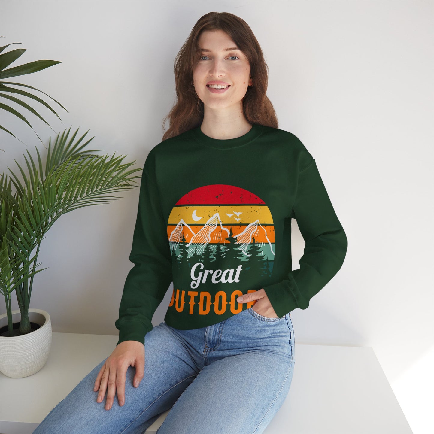 Great Outdoors Crewneck Sweatshirt — Vintage Sunset Camping Hoodie Alternative