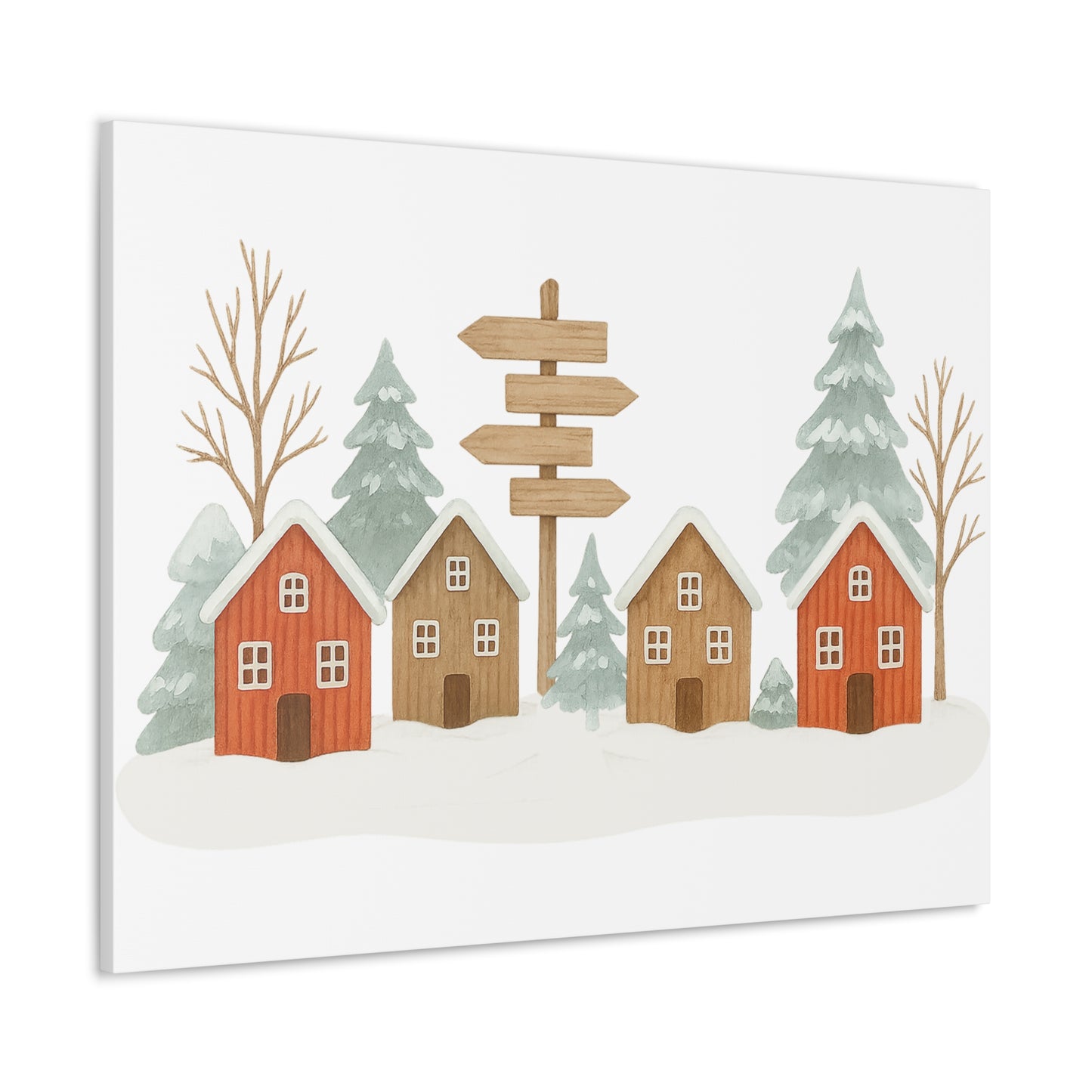 Winter Village Canvas Wall Art - Cozy Rustic Cabin Scene
