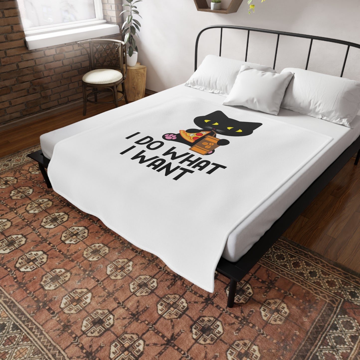 I Do What I Want Cat Plush Fleece Blanket — Cute Black Cat with Pizza & Snacks