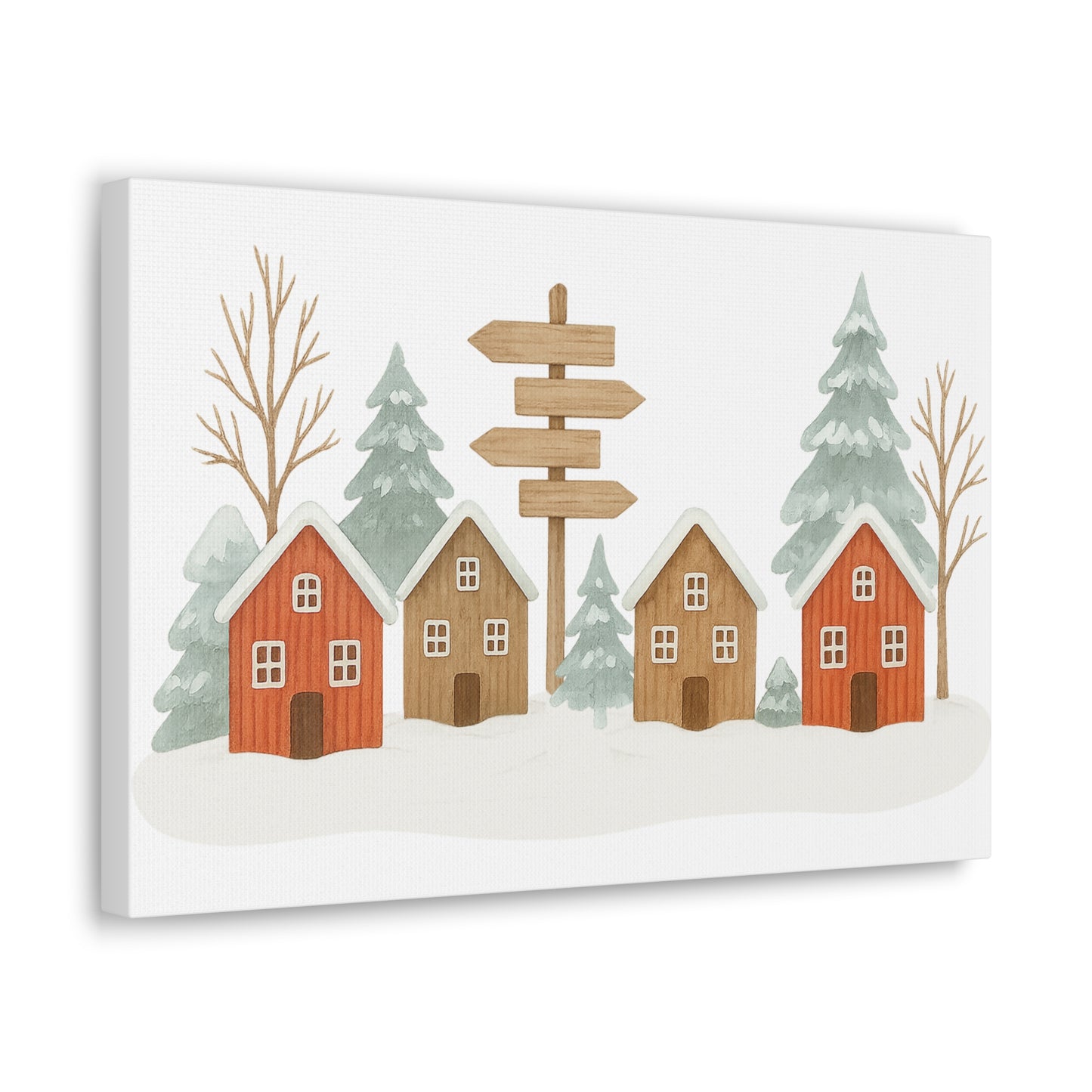 Winter Village Canvas Wall Art - Cozy Rustic Cabin Scene