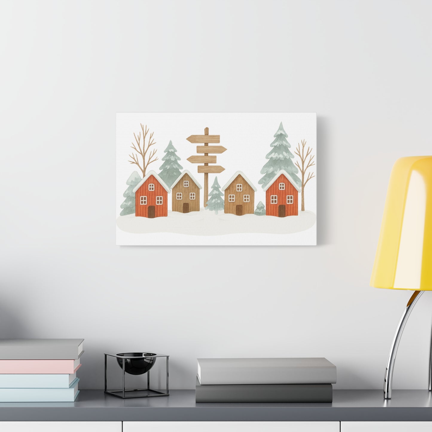 Winter Village Canvas Wall Art - Cozy Rustic Cabin Scene