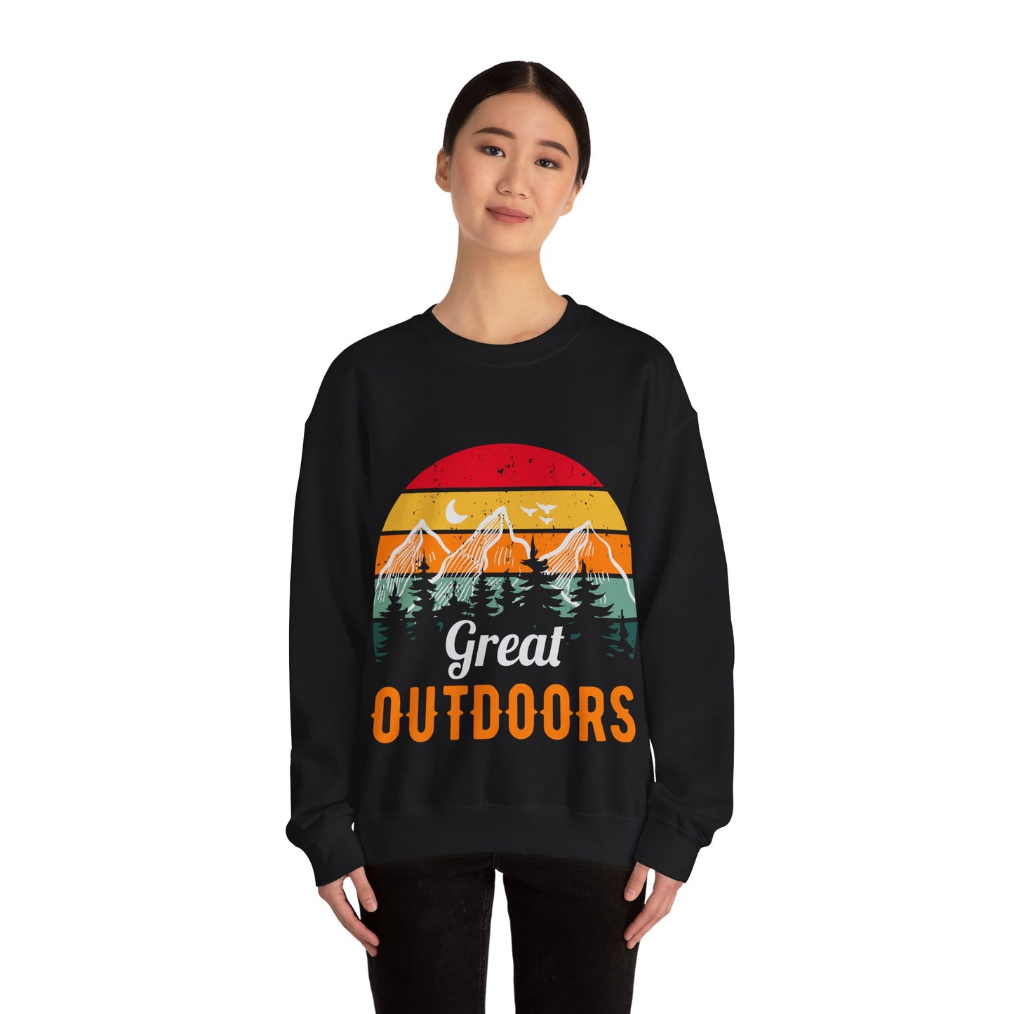 Great Outdoors Crewneck Sweatshirt — Vintage Sunset Camping Hoodie Alternative