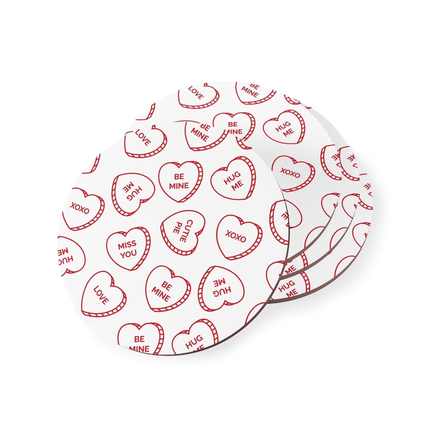 Valentine Conversation Heart Cork Coasters — Cute 'Be Mine' & 'XOXO' Drink Coasters (Set)