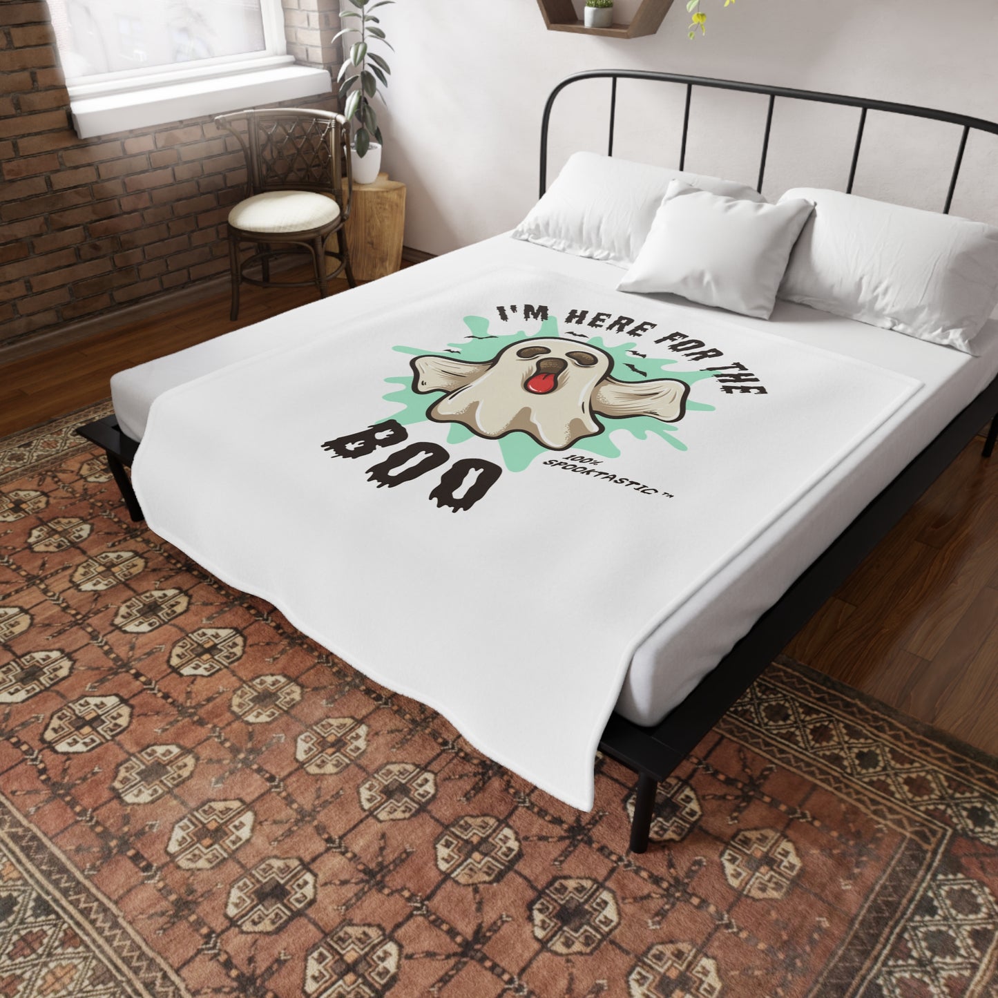 Halloween Plush Fleece Blanket - "I'm Here For The Boo" Cute Ghost Throw