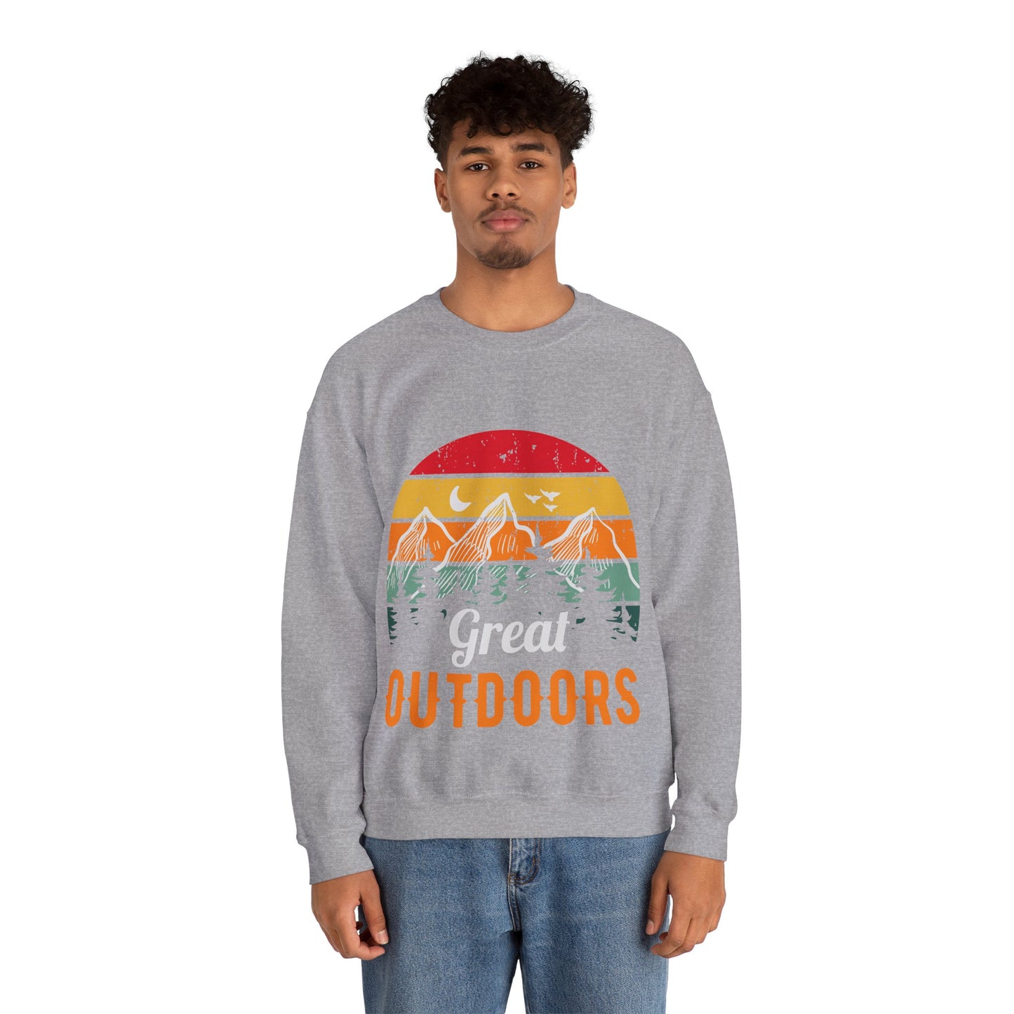 Great Outdoors Crewneck Sweatshirt — Vintage Sunset Camping Hoodie Alternative