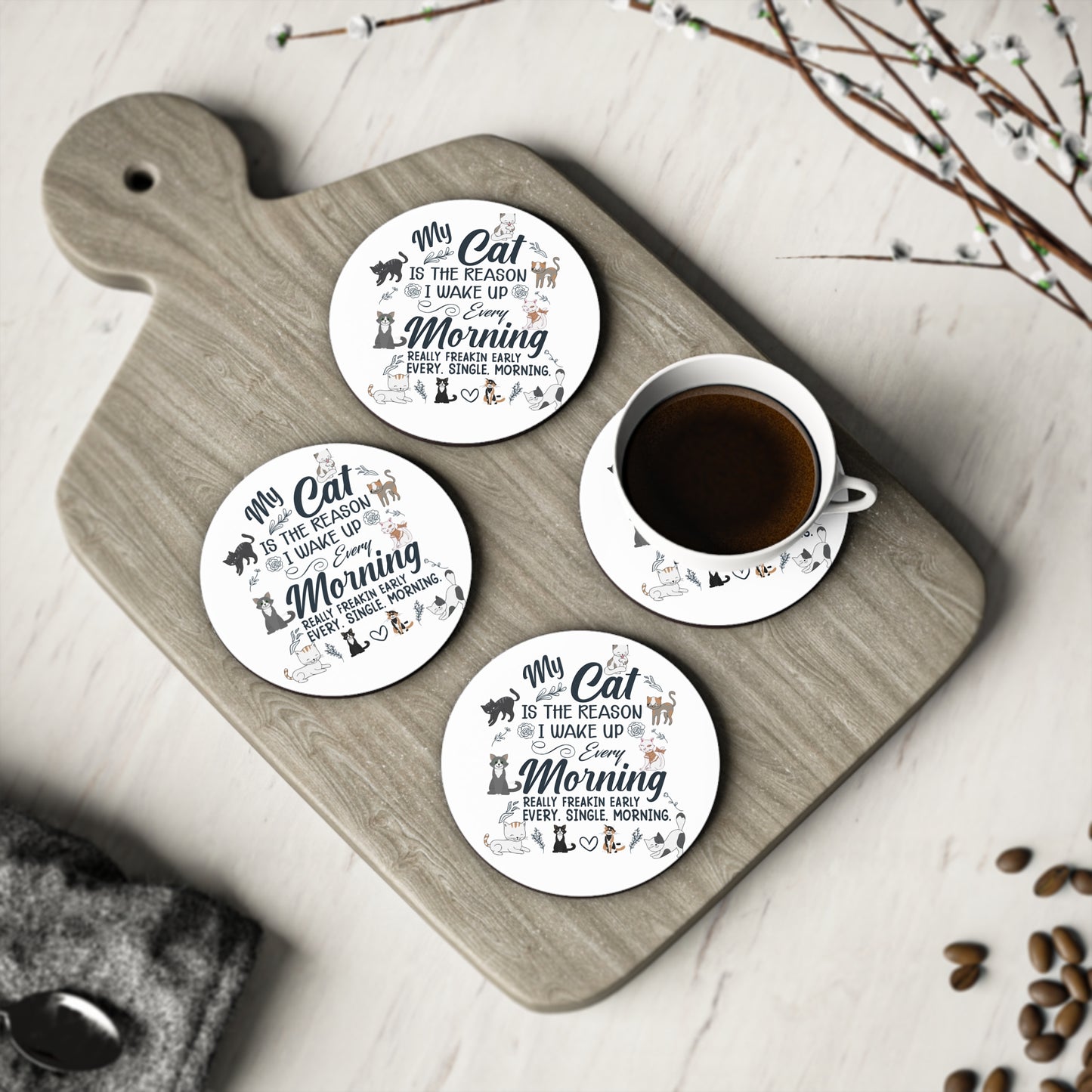 Cat Lover Coasters — "My Cat Is The Reason I Wake Up Every Morning" Cork Back Drink Coaster Set