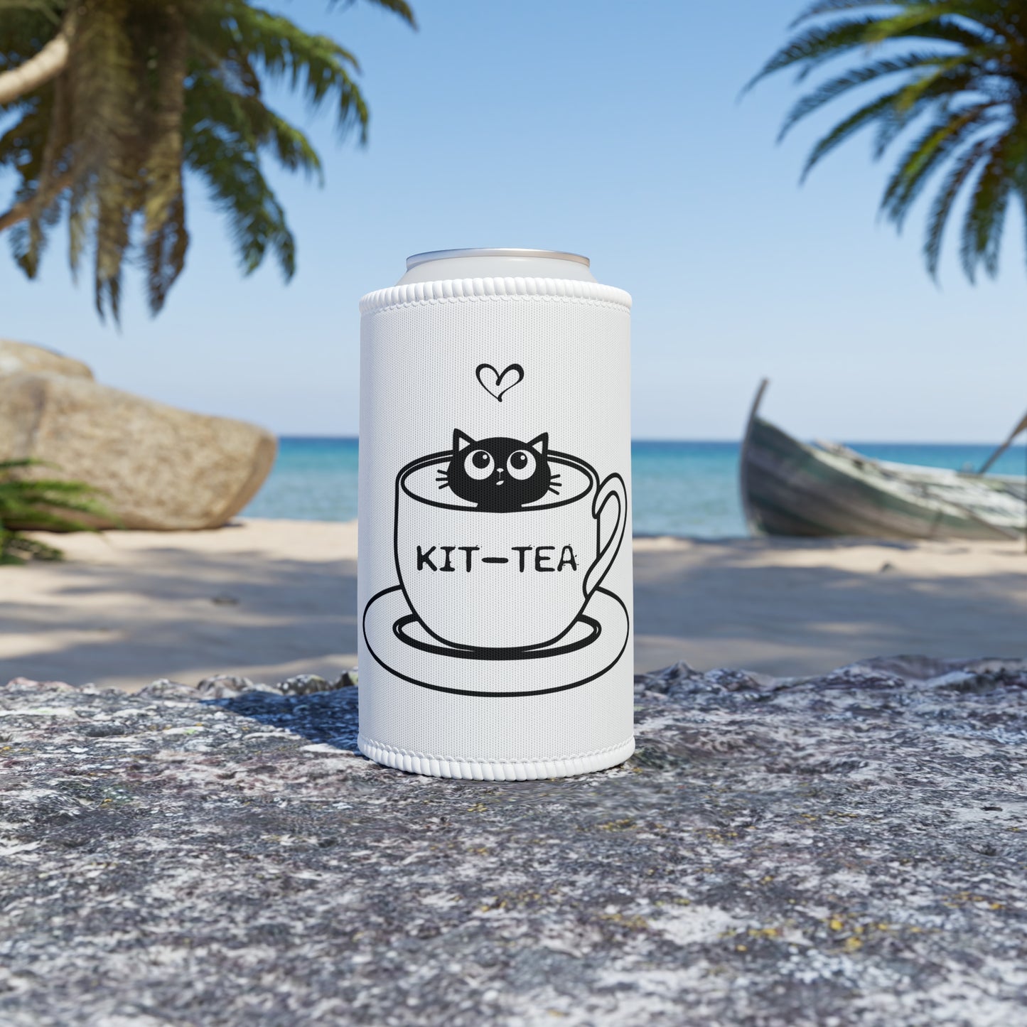 Stubby Cooler — Kit-Tea Cute Cat Can Cooler | Funny Tea Pun Beverage Insulator