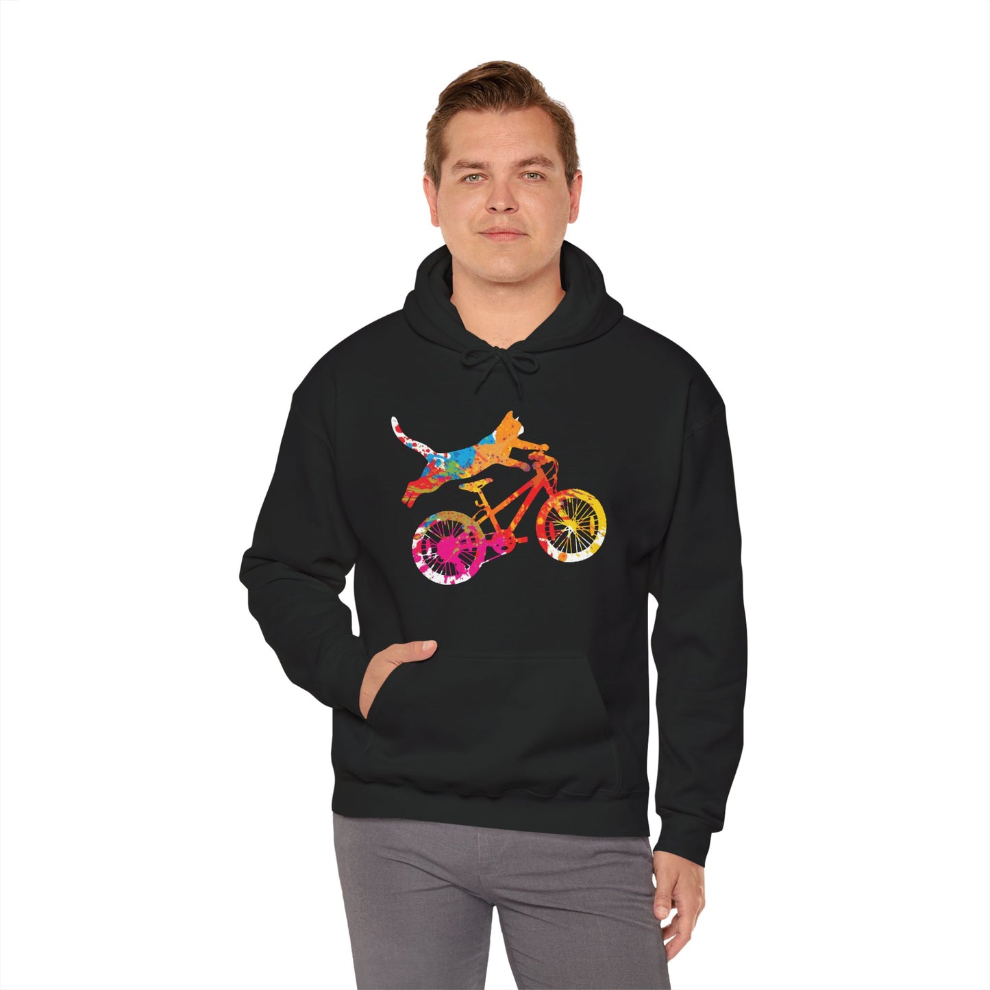 Cat on Bike Colorful Graphic Hoodie — Playful Bicycle Cat Art Sweatshirt