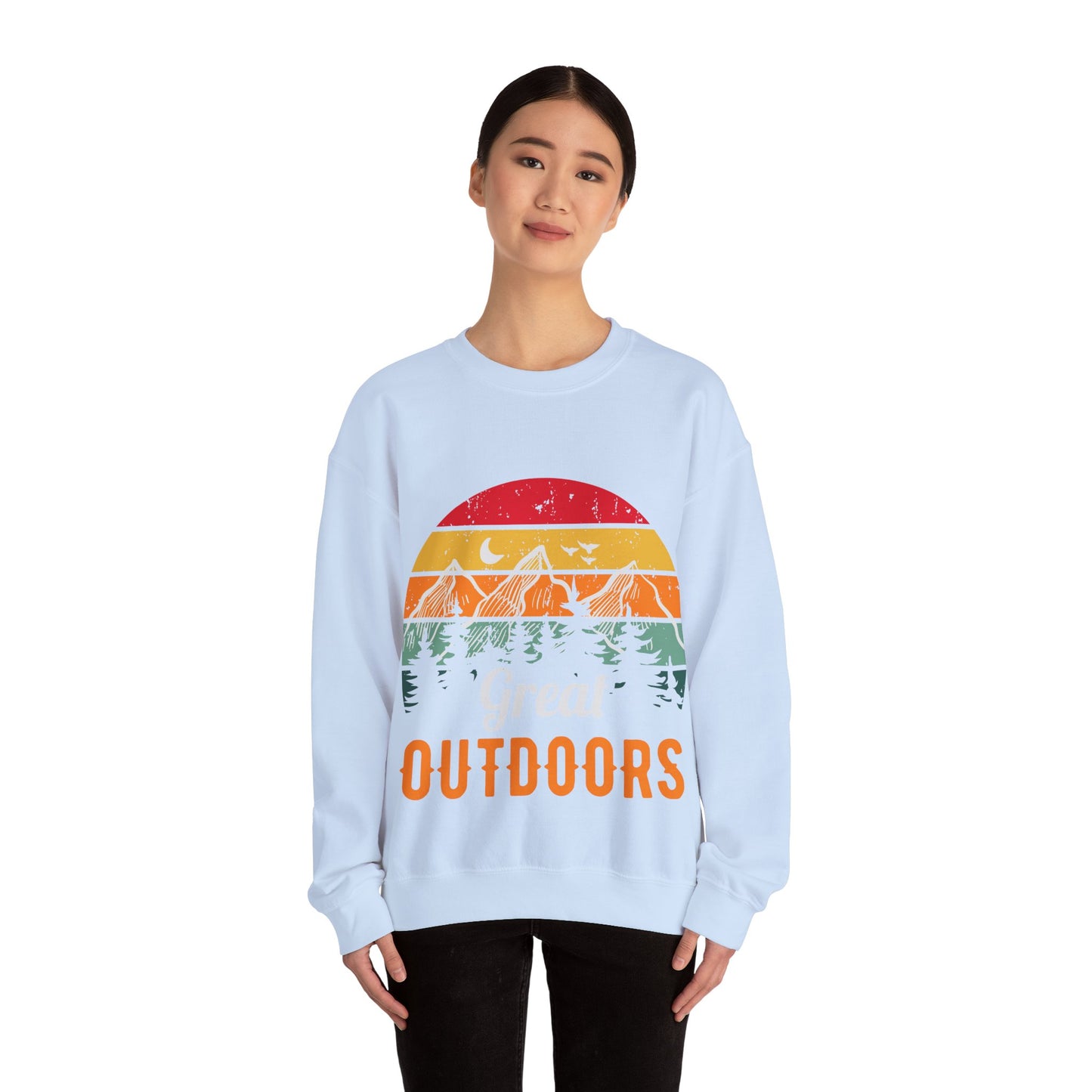 Great Outdoors Crewneck Sweatshirt — Vintage Sunset Camping Hoodie Alternative