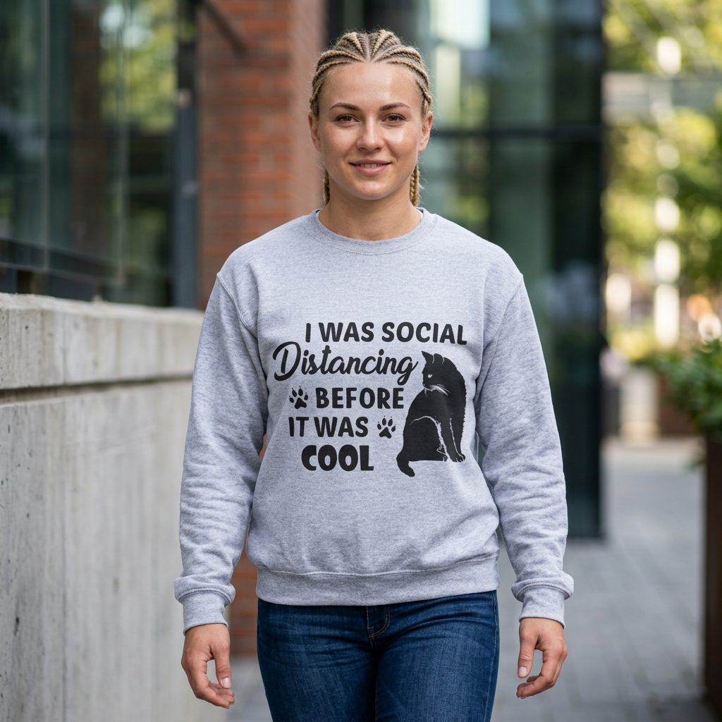 Crewneck Sweatshirt "I Was Social Distancing Before It Was Cool" — Cat Lover Funny Graphic
