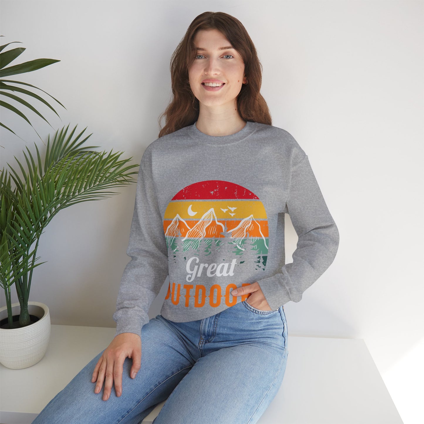 Great Outdoors Crewneck Sweatshirt — Vintage Sunset Camping Hoodie Alternative