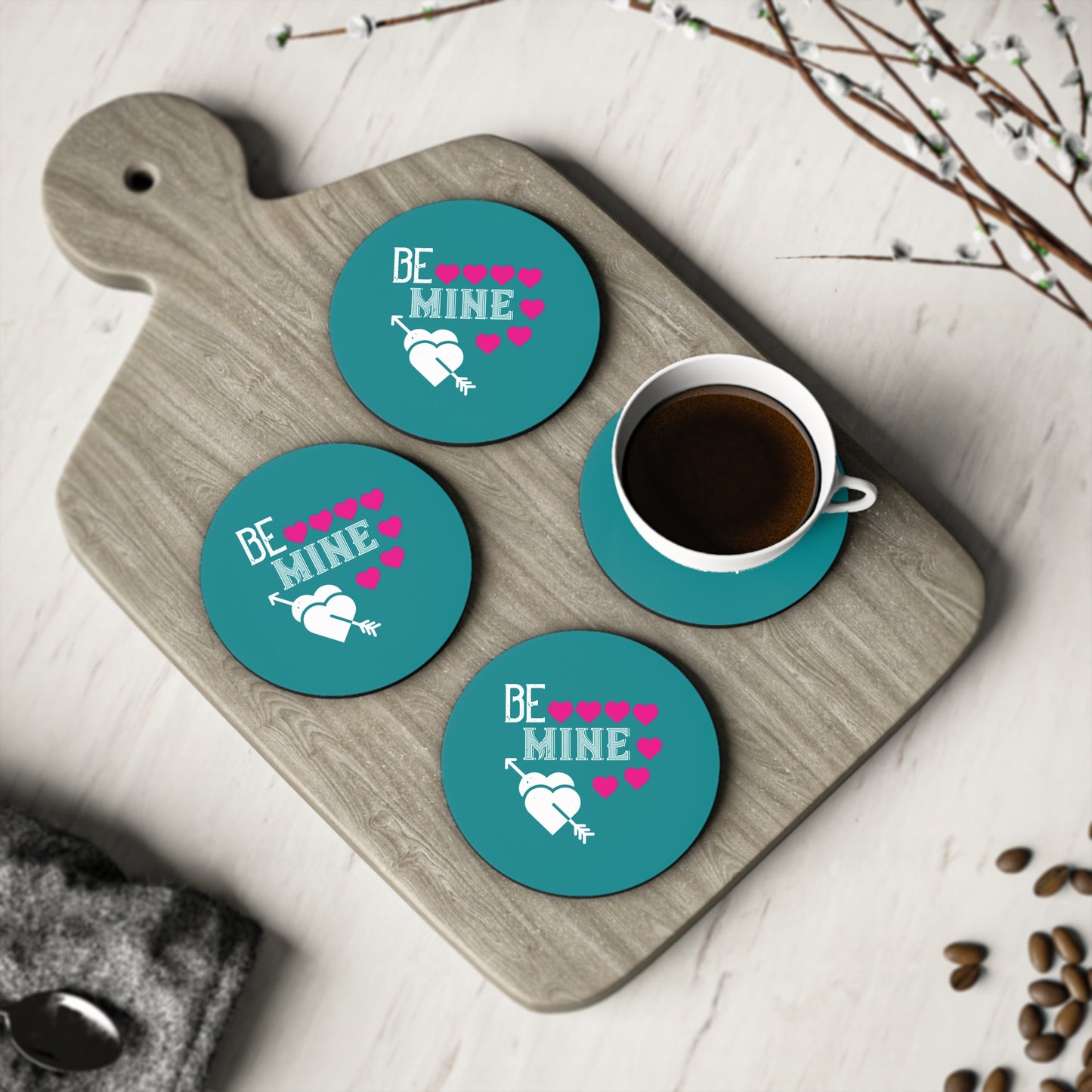 Valentine 'Be Mine' Heart Coasters — Romantic Cork Drink Coaster Set