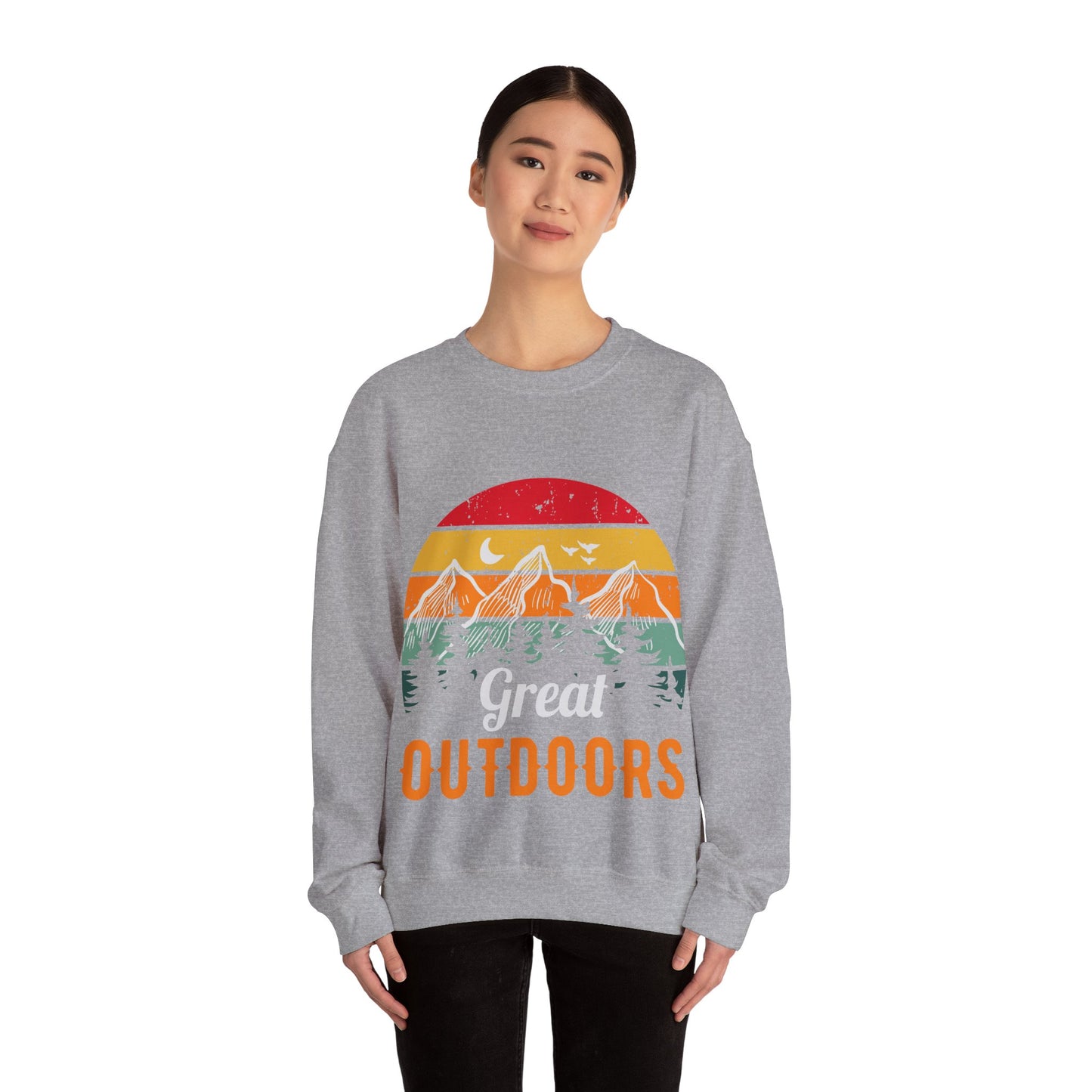 Great Outdoors Crewneck Sweatshirt — Vintage Sunset Camping Hoodie Alternative