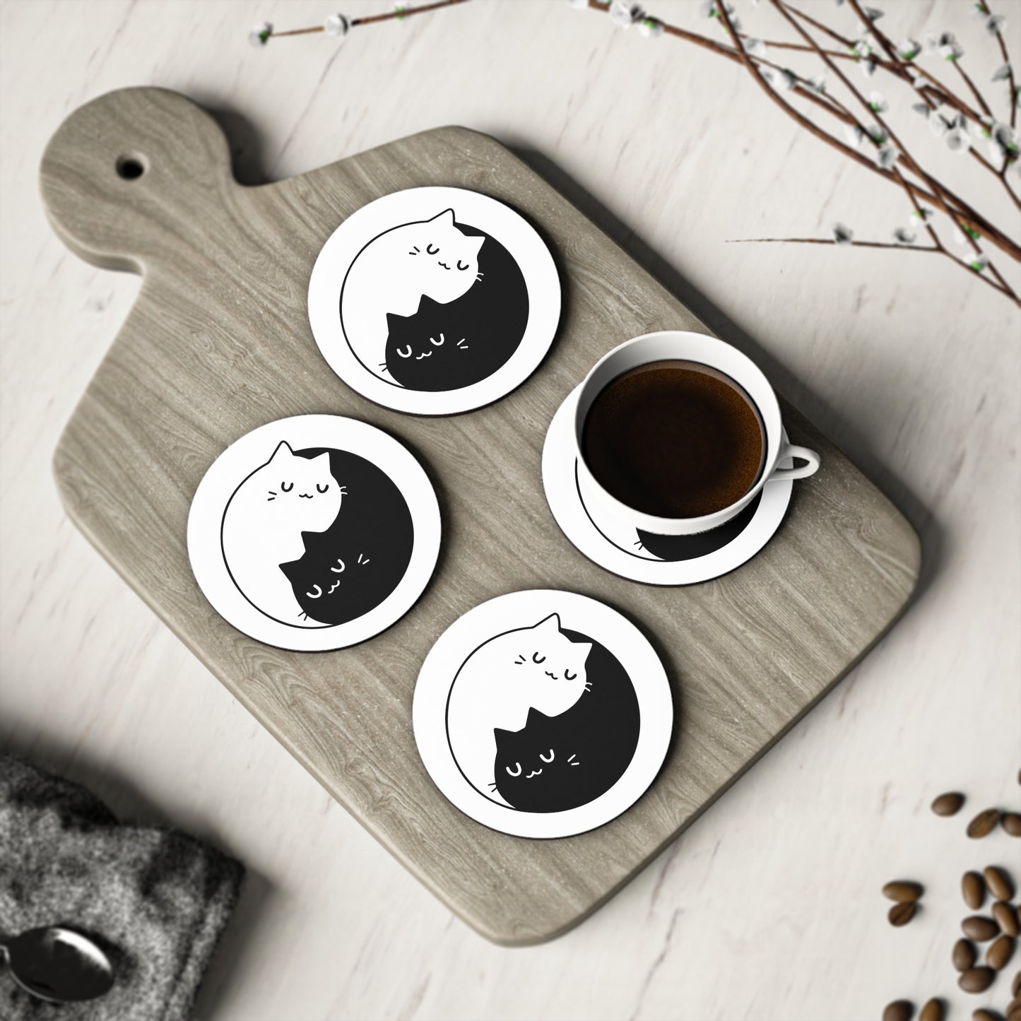 Cat Yin Yang Cork Coaster — Black & White Cute Cat Drink Coaster Set