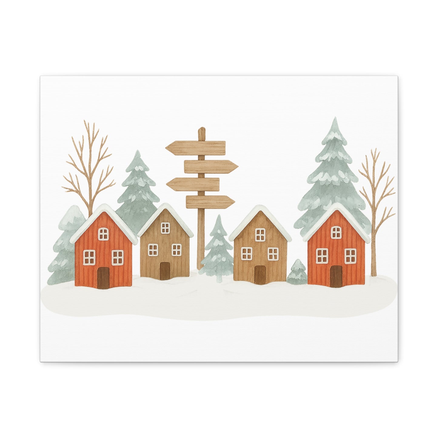 Winter Village Canvas Wall Art - Cozy Rustic Cabin Scene