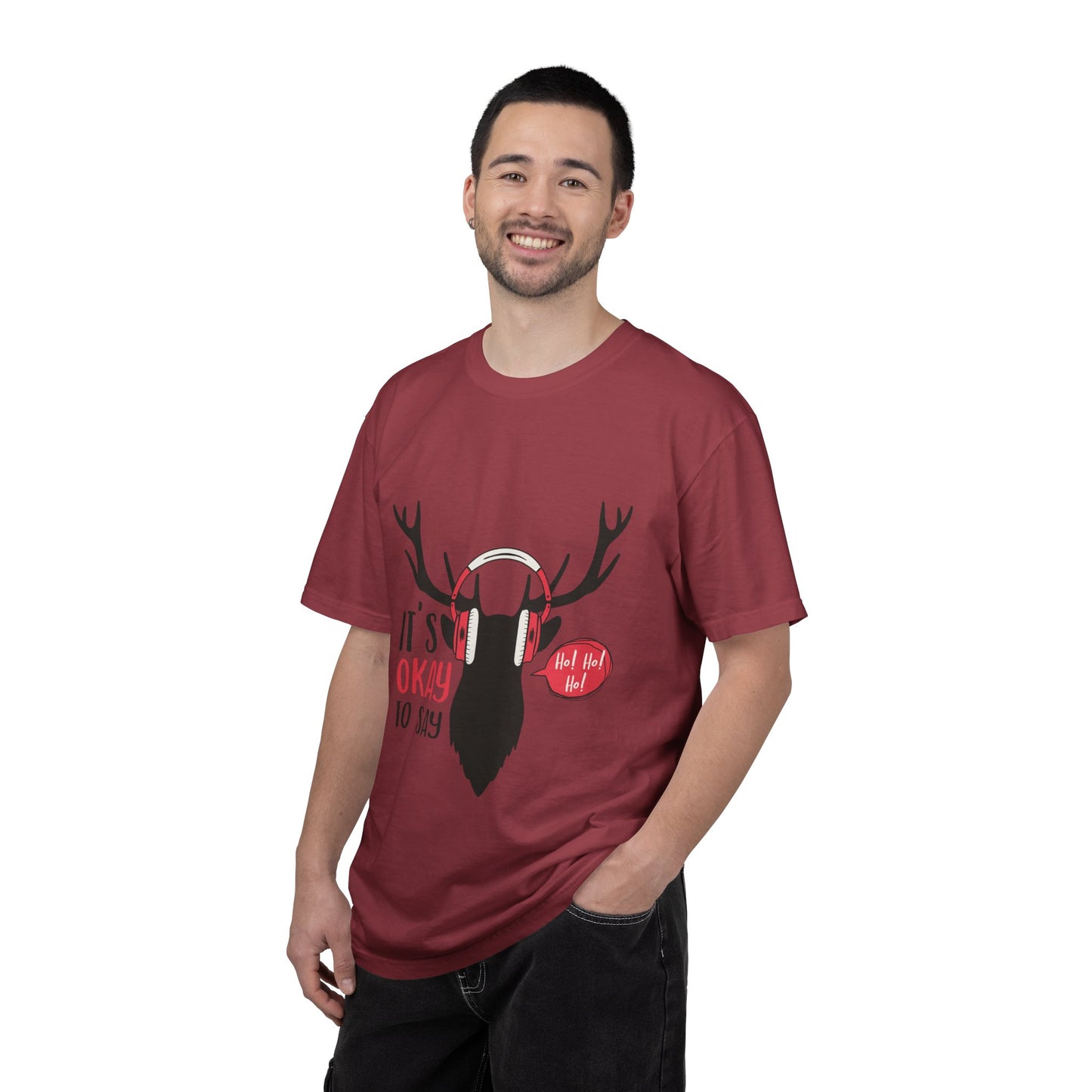 Reindeer Headphones Christmas T-Shirt – "It’s Okay to Say Ho! Ho! Ho!" Holiday Tee