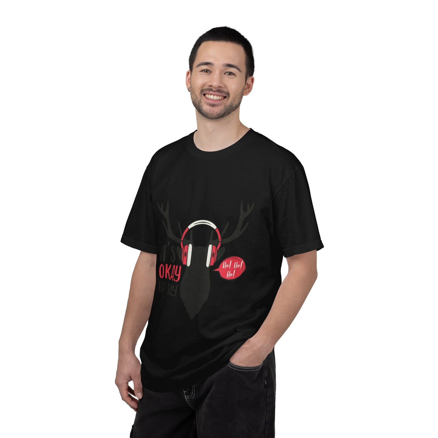 Reindeer Headphones Christmas T-Shirt – "It’s Okay to Say Ho! Ho! Ho!" Holiday Tee
