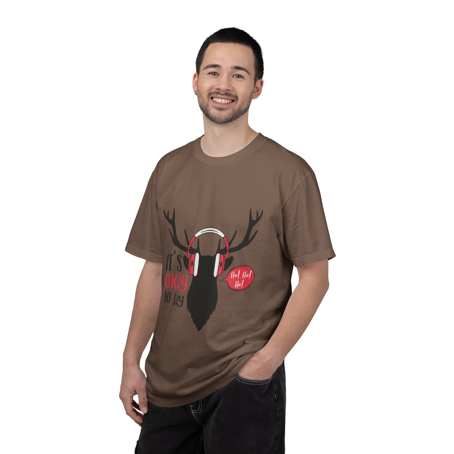 Reindeer Headphones Christmas T-Shirt – "It’s Okay to Say Ho! Ho! Ho!" Holiday Tee