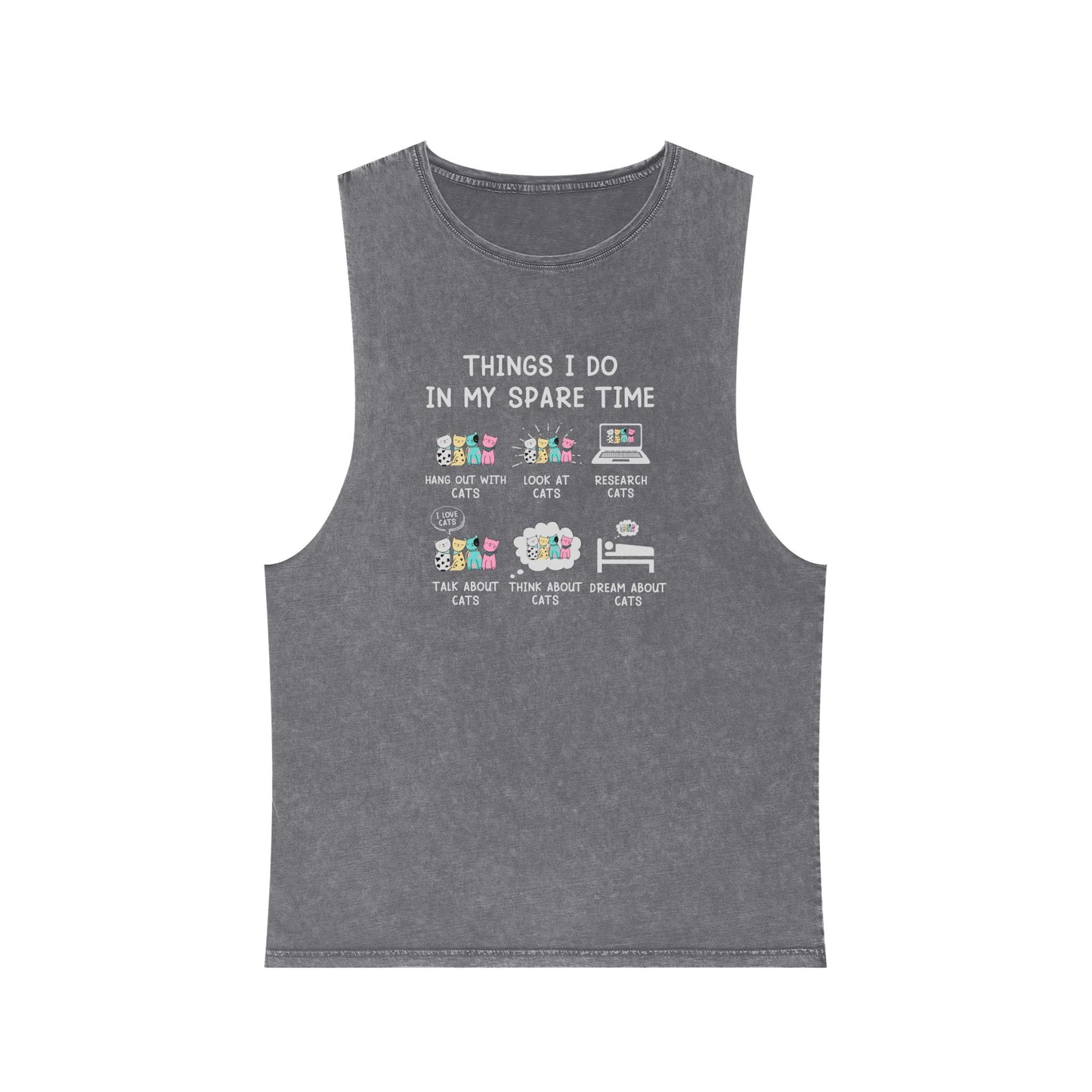 Cat Lover Graphic Tank Top — "Things I Do In My Spare Time" Stonewash Muscle Tee