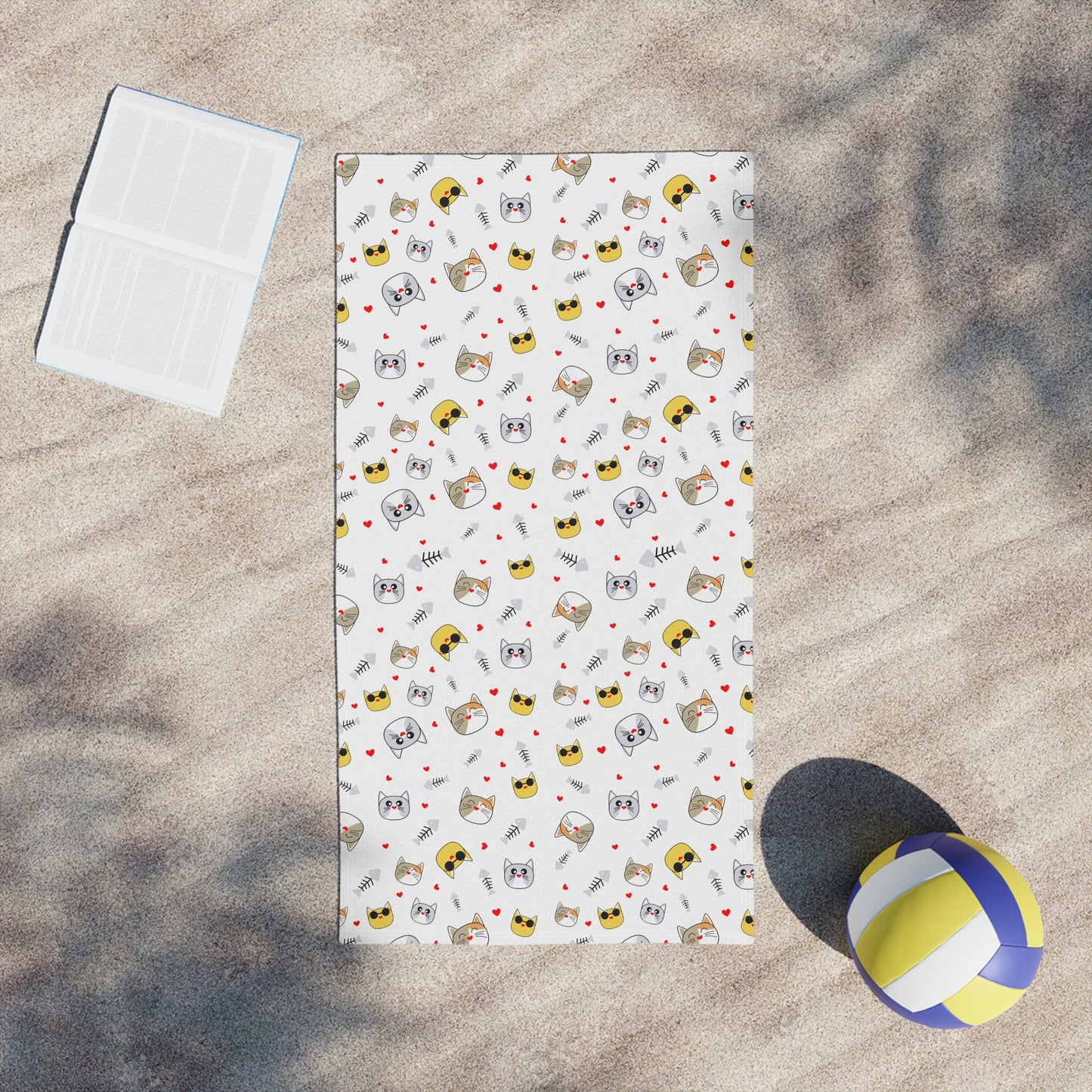Cute Kawaii Cat Pattern Beach Towel – Playful Emoji Cat Faces, Summer Pool & Beach Towel