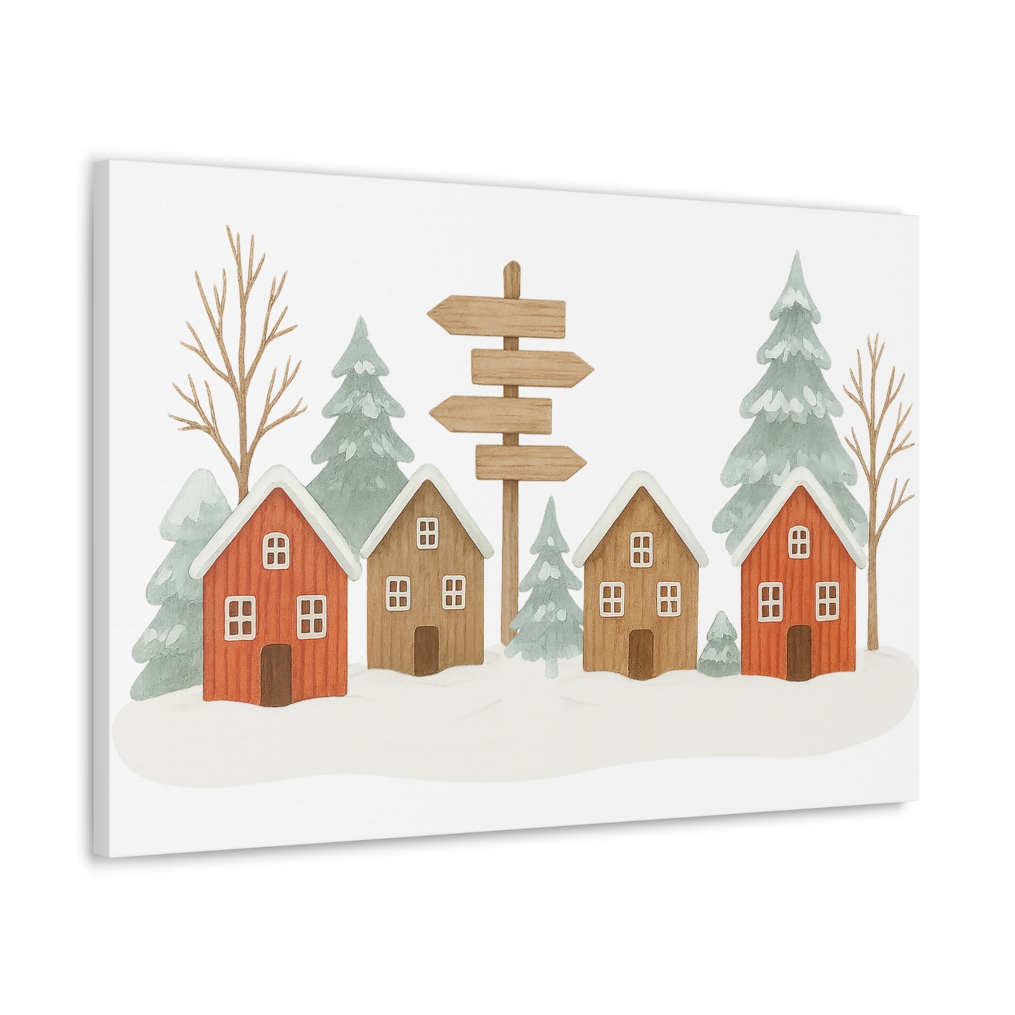 Winter Village Canvas Wall Art - Cozy Rustic Cabin Scene