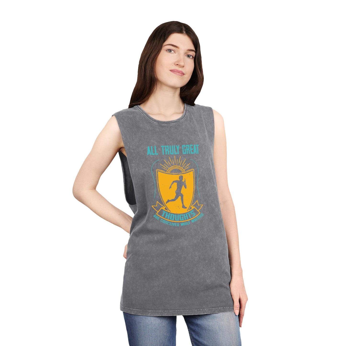 Gym Tank Top — “Heavy Weights and Protein Shakes” Stonewash Sleeveless Top