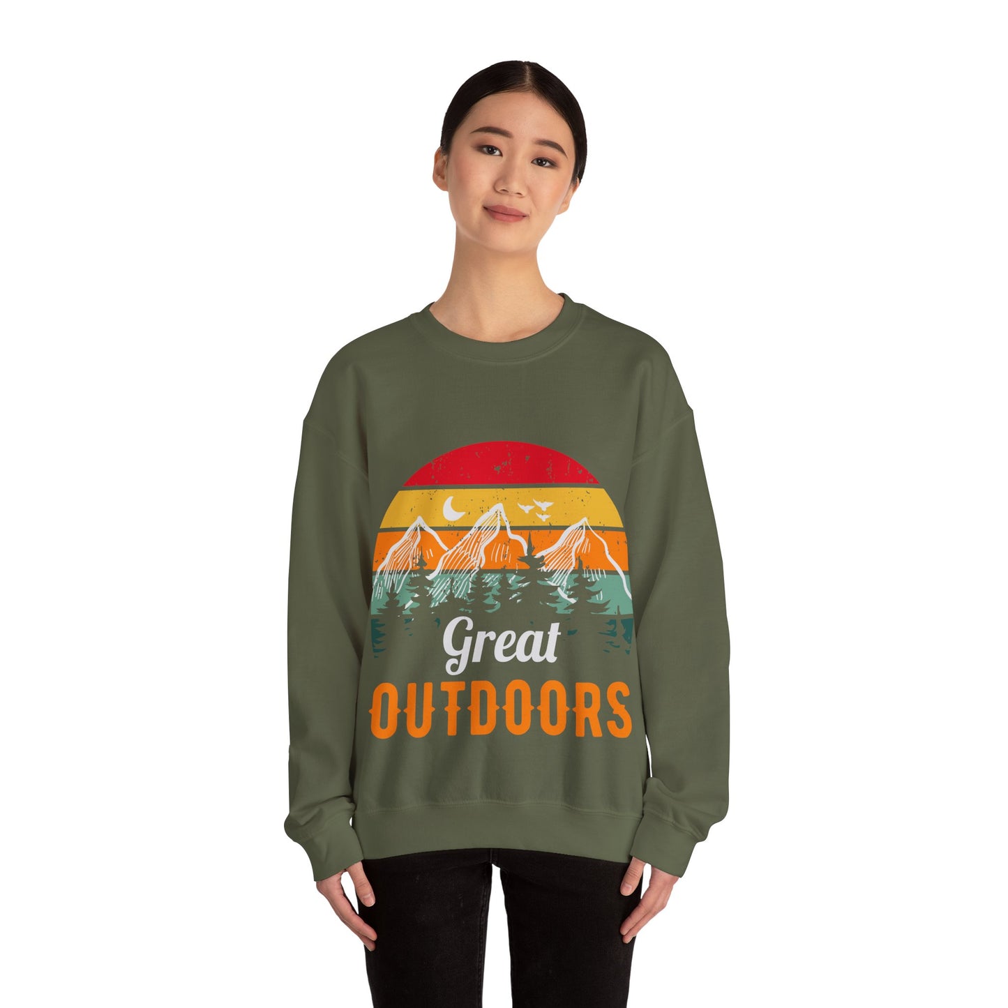Great Outdoors Crewneck Sweatshirt — Vintage Sunset Camping Hoodie Alternative