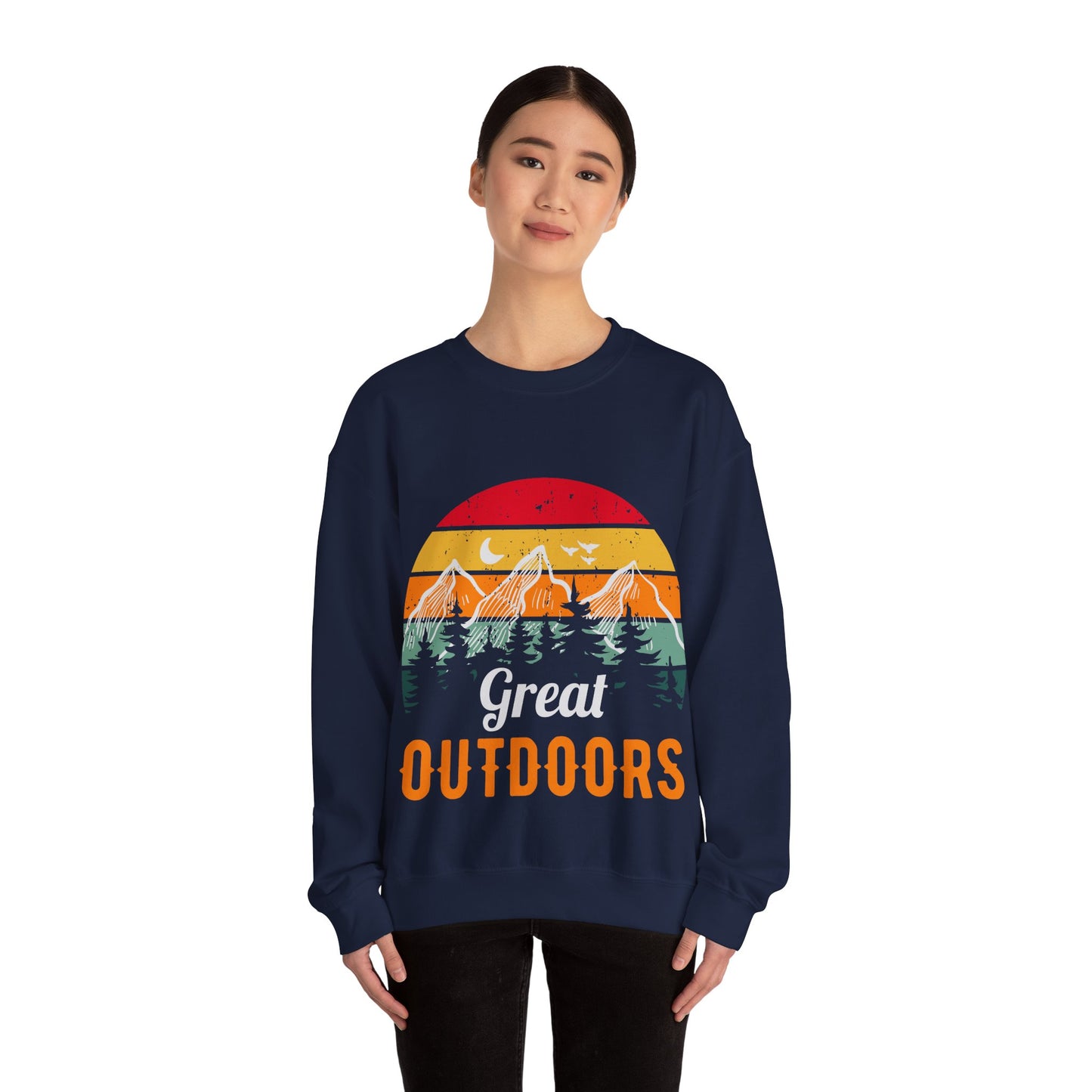 Great Outdoors Crewneck Sweatshirt — Vintage Sunset Camping Hoodie Alternative