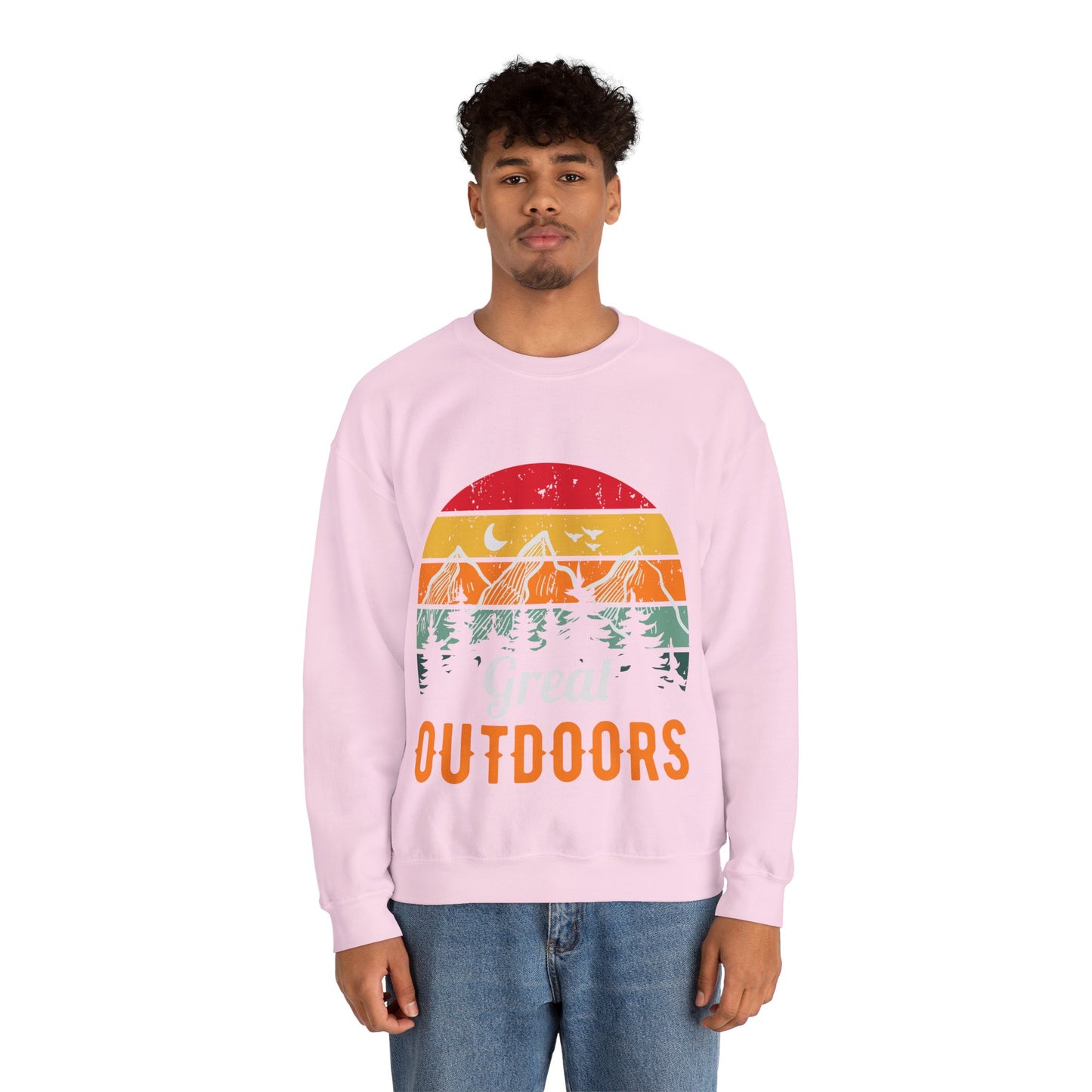 Great Outdoors Crewneck Sweatshirt — Vintage Sunset Camping Hoodie Alternative