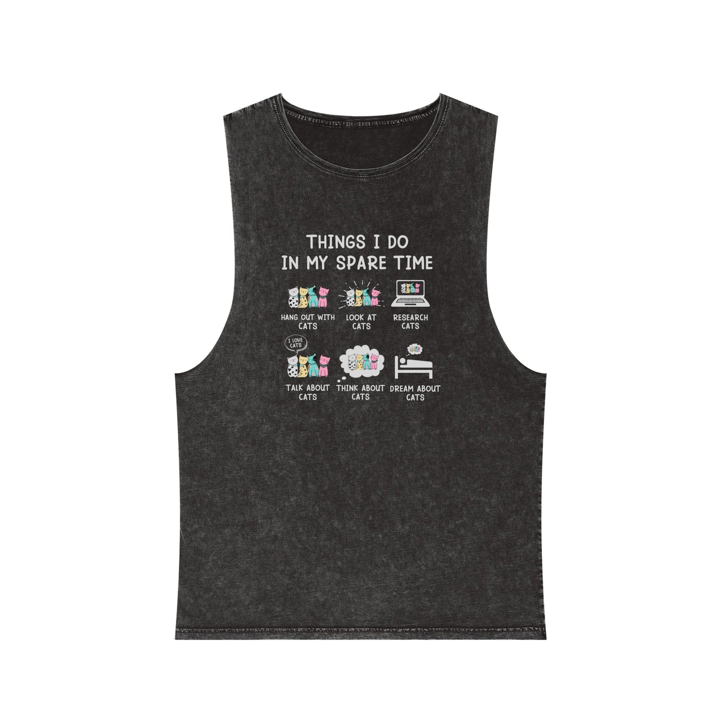 Cat Lover Graphic Tank Top — "Things I Do In My Spare Time" Stonewash Muscle Tee