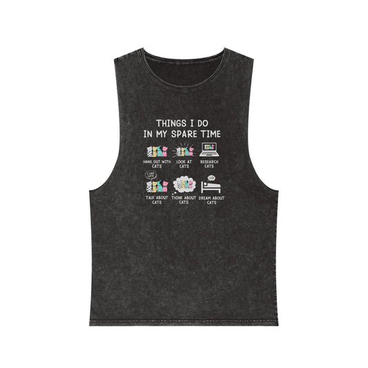 Cat Lover Graphic Tank Top — "Things I Do In My Spare Time" Stonewash Muscle Tee