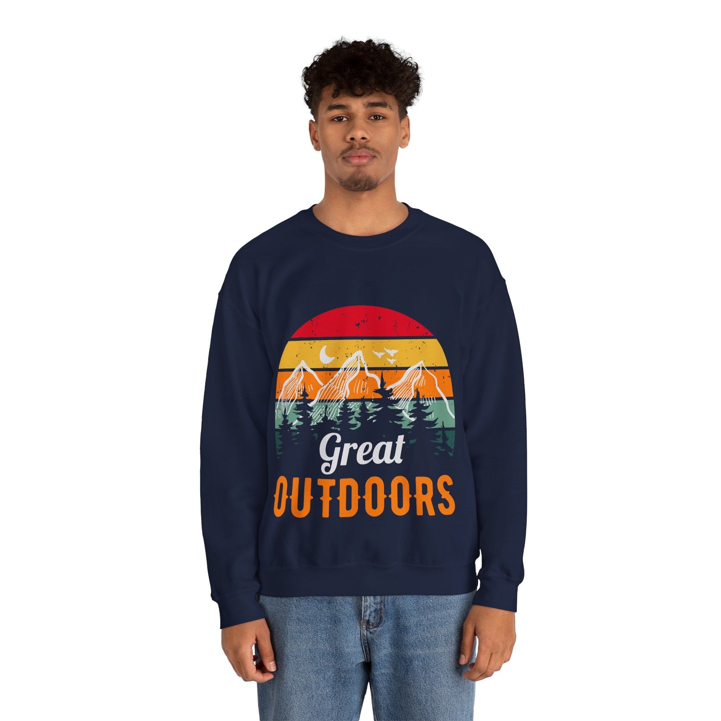 Great Outdoors Crewneck Sweatshirt — Vintage Sunset Camping Hoodie Alternative