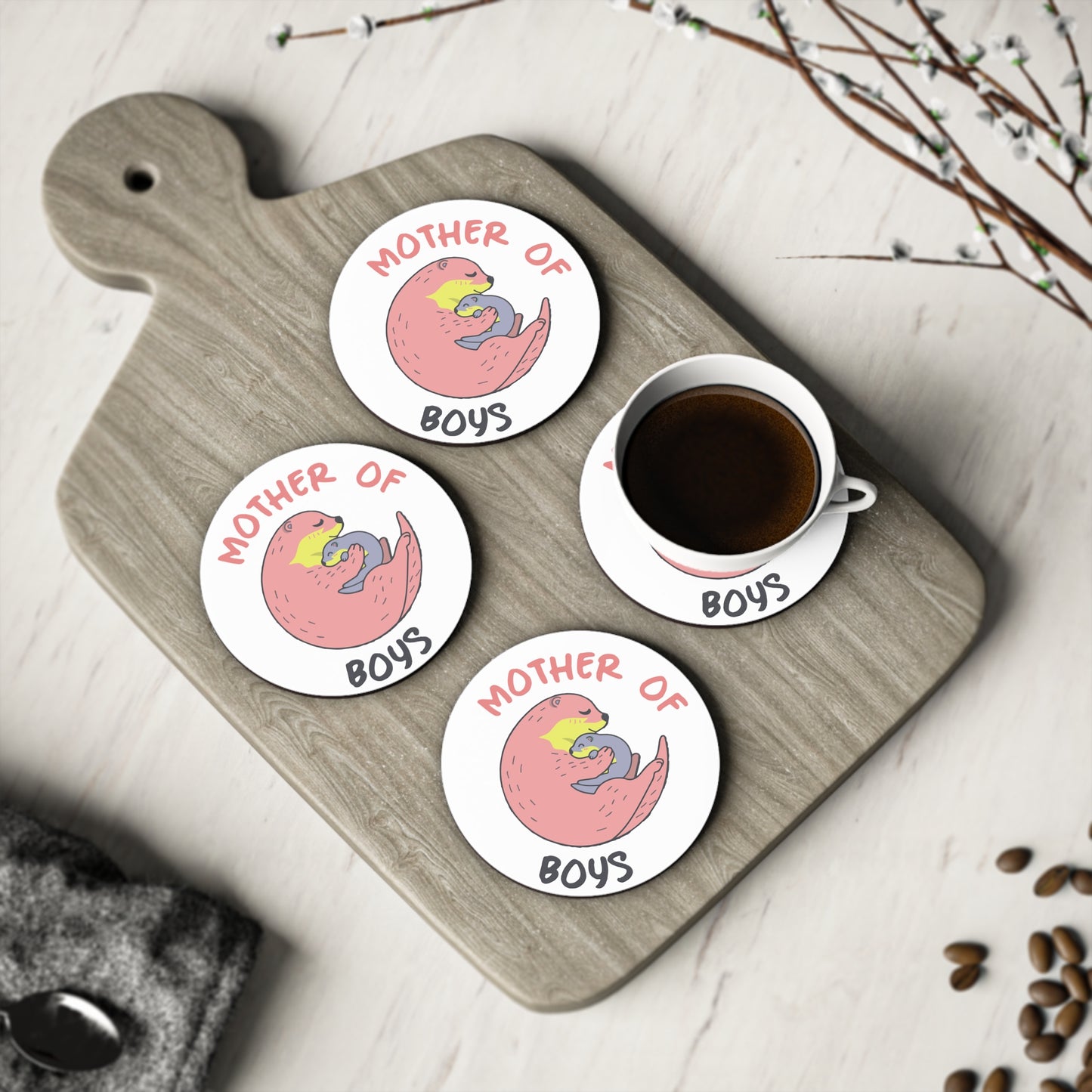 Mother of Boys Cork Coaster — Cute Otter Mom Drink Protector, Mother’s Day Gift