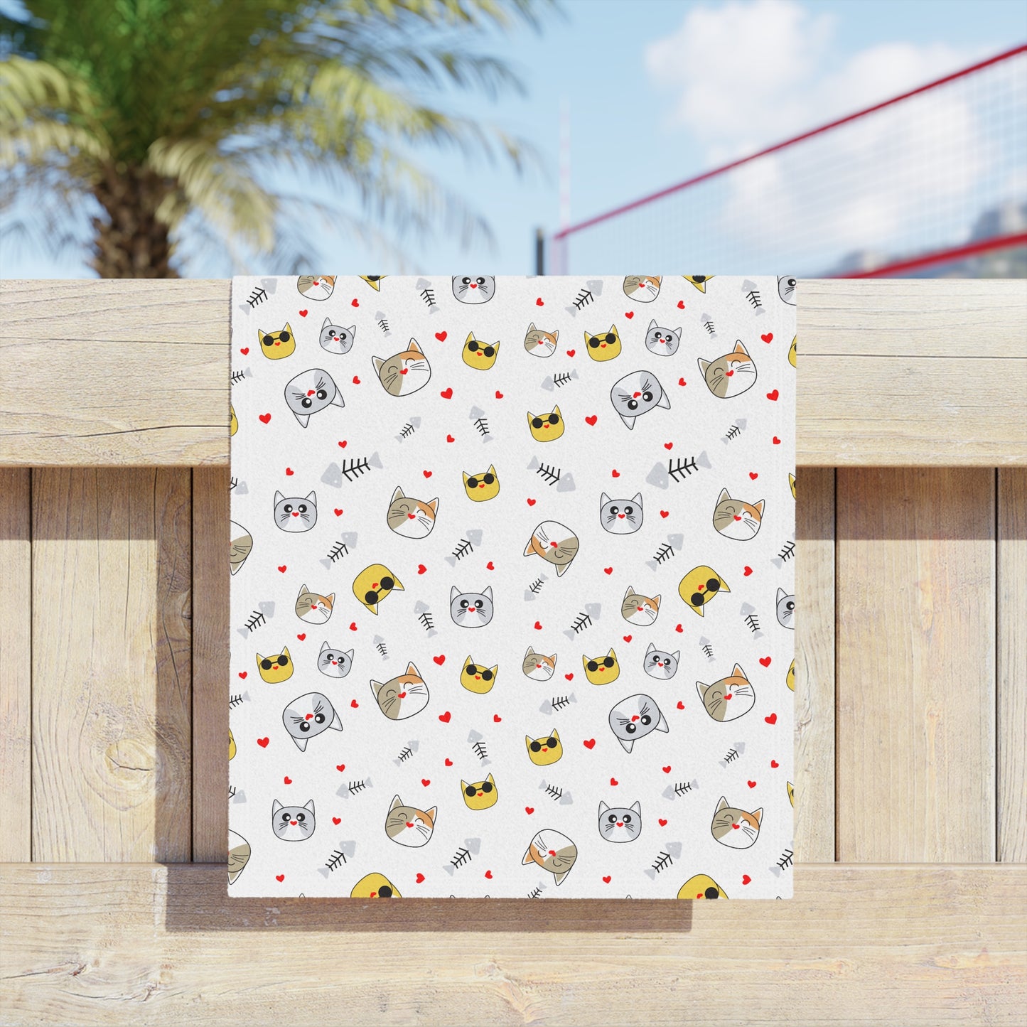 Cute Kawaii Cat Pattern Beach Towel – Playful Emoji Cat Faces, Summer Pool & Beach Towel