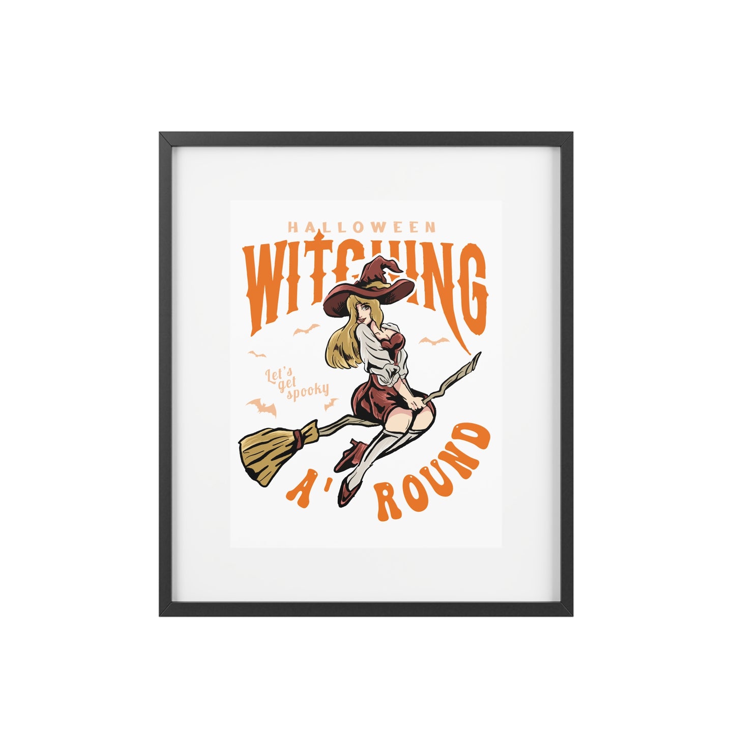 Halloween Witching Around Framed Poster — Vintage Witch on Broom Matte Print