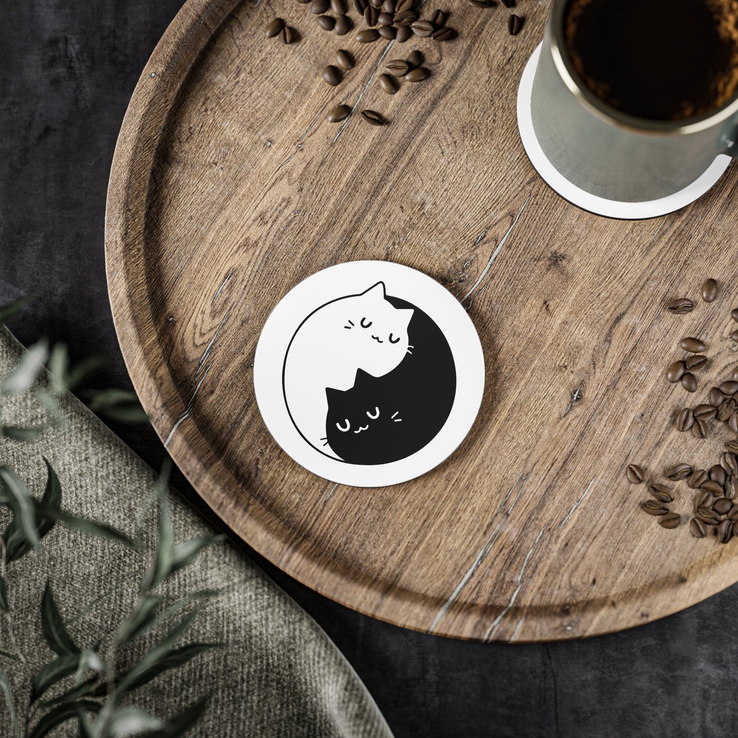Cat Yin Yang Cork Coaster — Black & White Cute Cat Drink Coaster Set