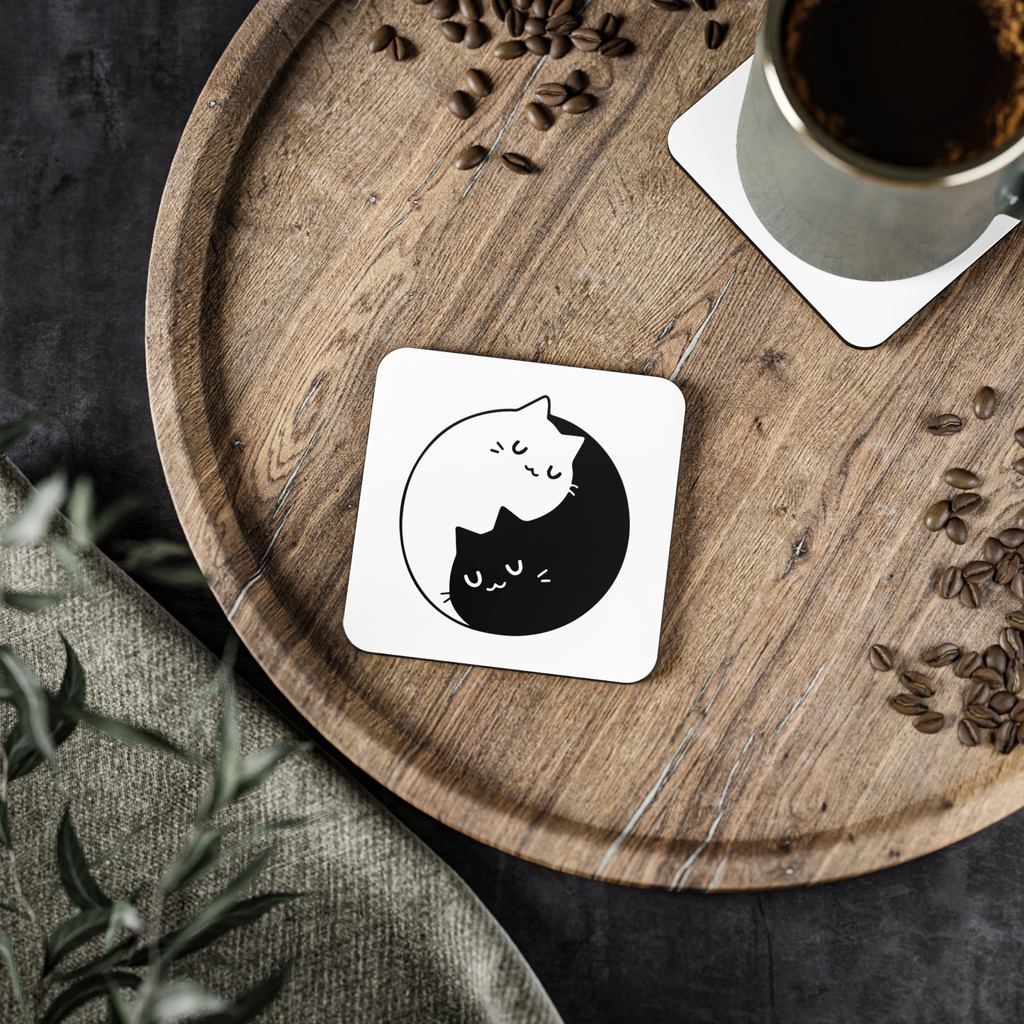 Cat Yin Yang Cork Coaster — Black & White Cute Cat Drink Coaster Set