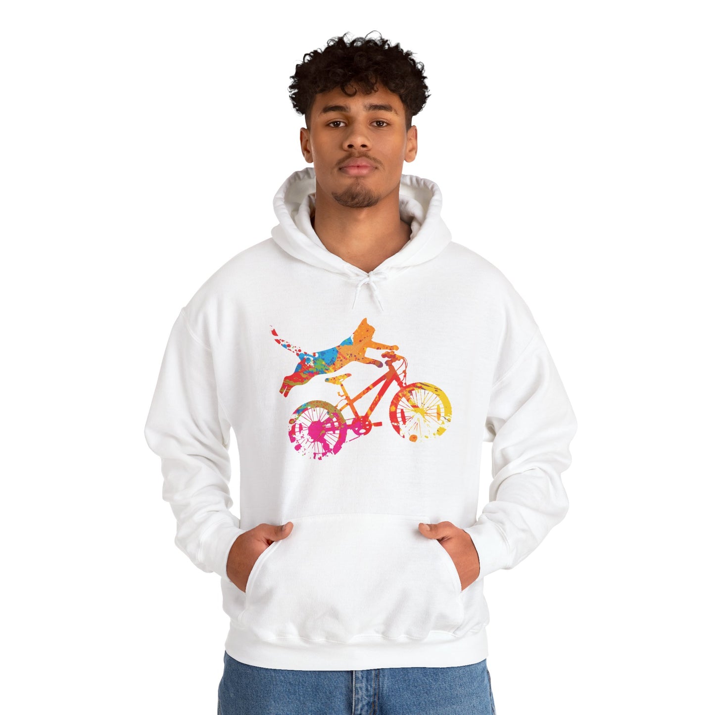 Cat on Bike Colorful Graphic Hoodie — Playful Bicycle Cat Art Sweatshirt