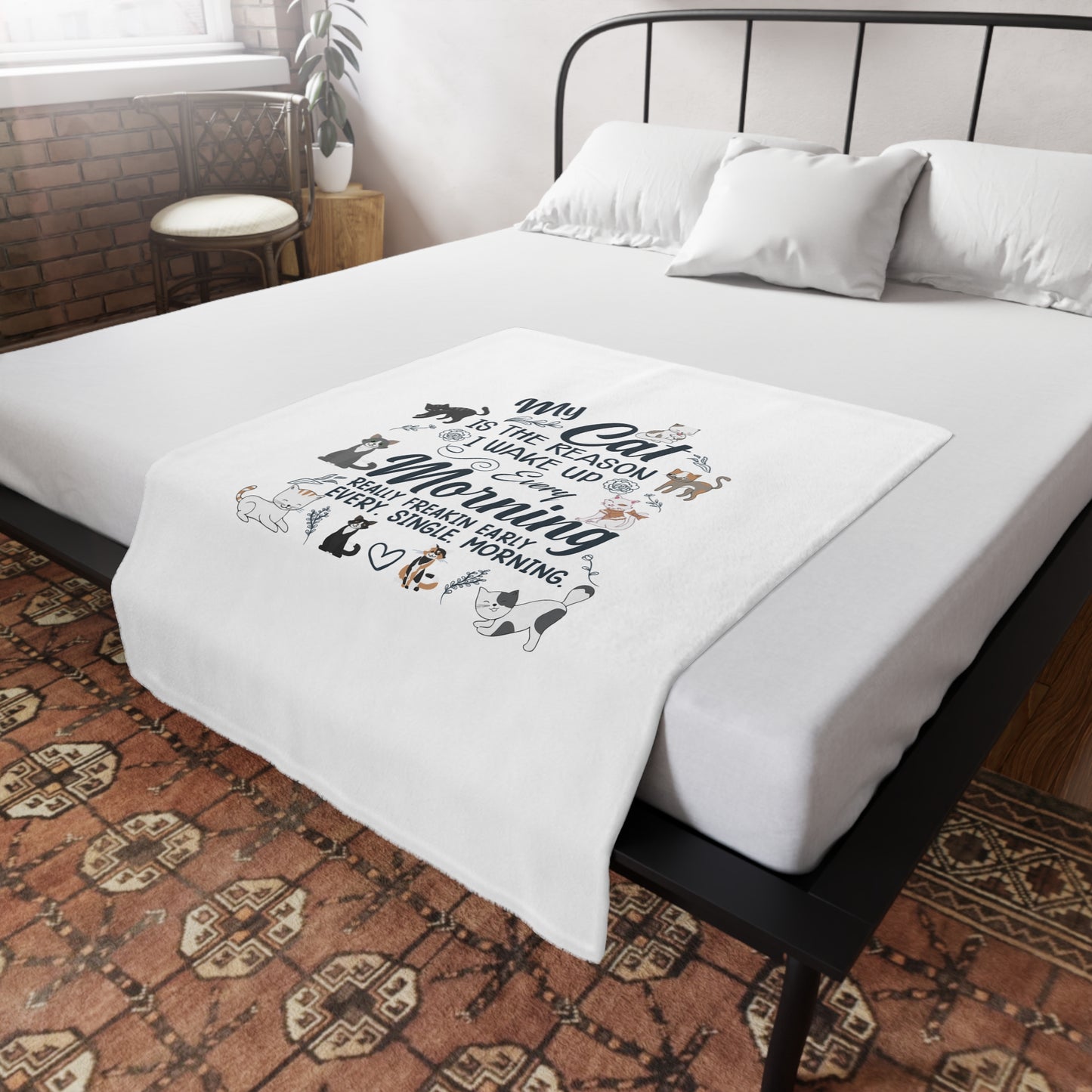 Plush Fleece Blanket — “My Cat Is the Reason I Wake Up Every Morning” Cute Cat Lover Throw