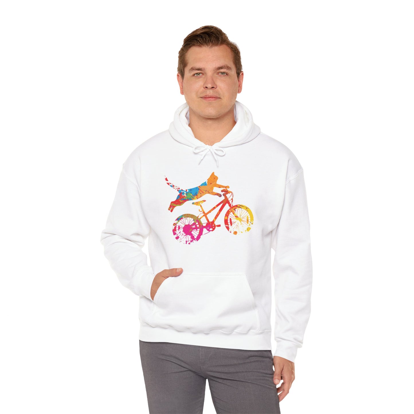 Cat on Bike Colorful Graphic Hoodie — Playful Bicycle Cat Art Sweatshirt