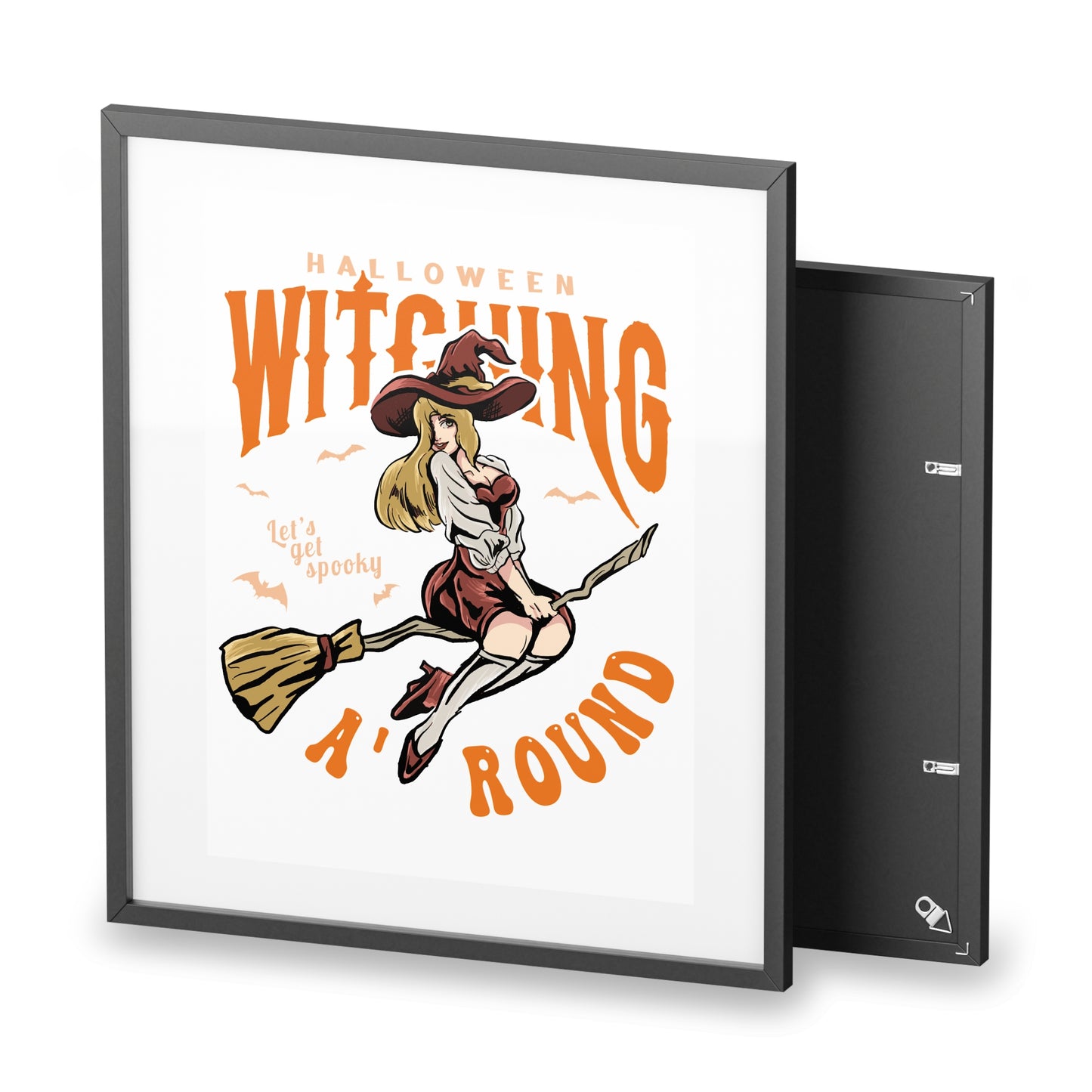 Halloween Witching Around Framed Poster — Vintage Witch on Broom Matte Print
