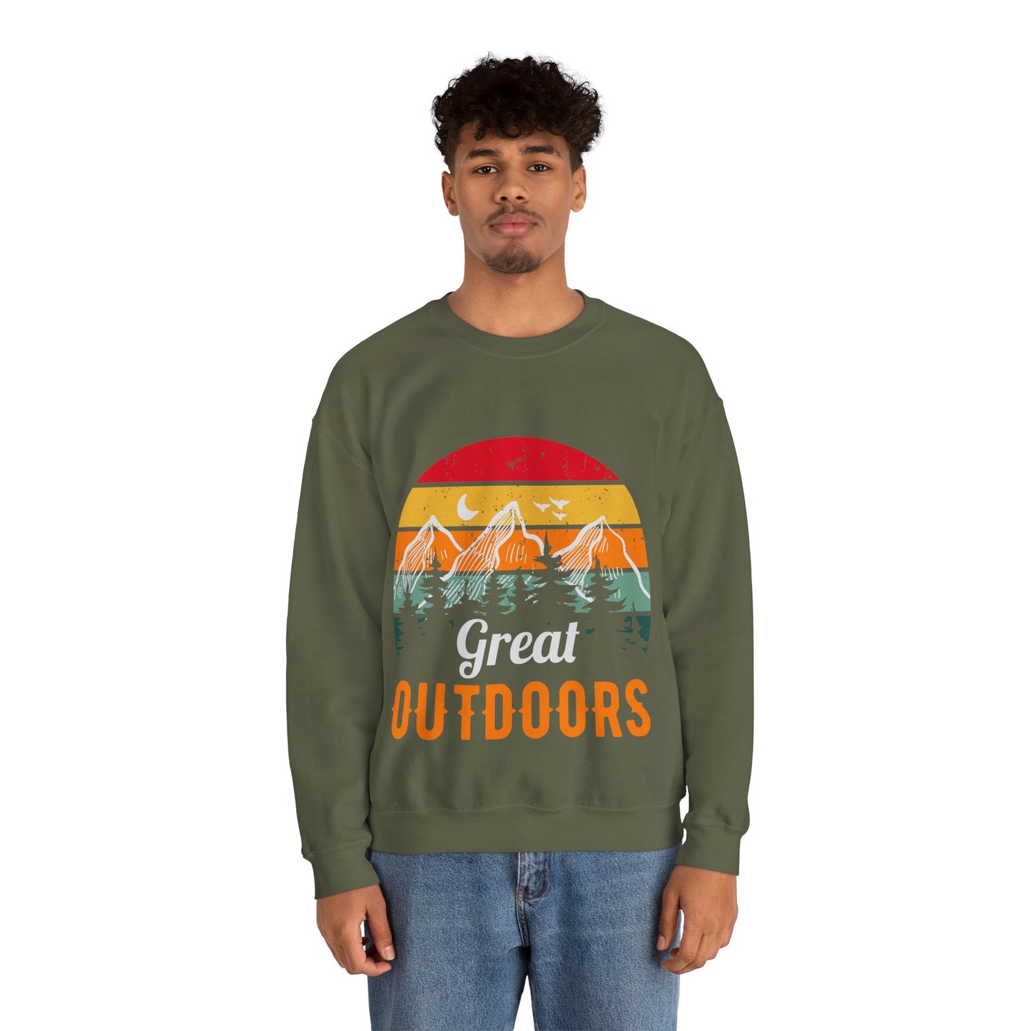 Great Outdoors Crewneck Sweatshirt — Vintage Sunset Camping Hoodie Alternative