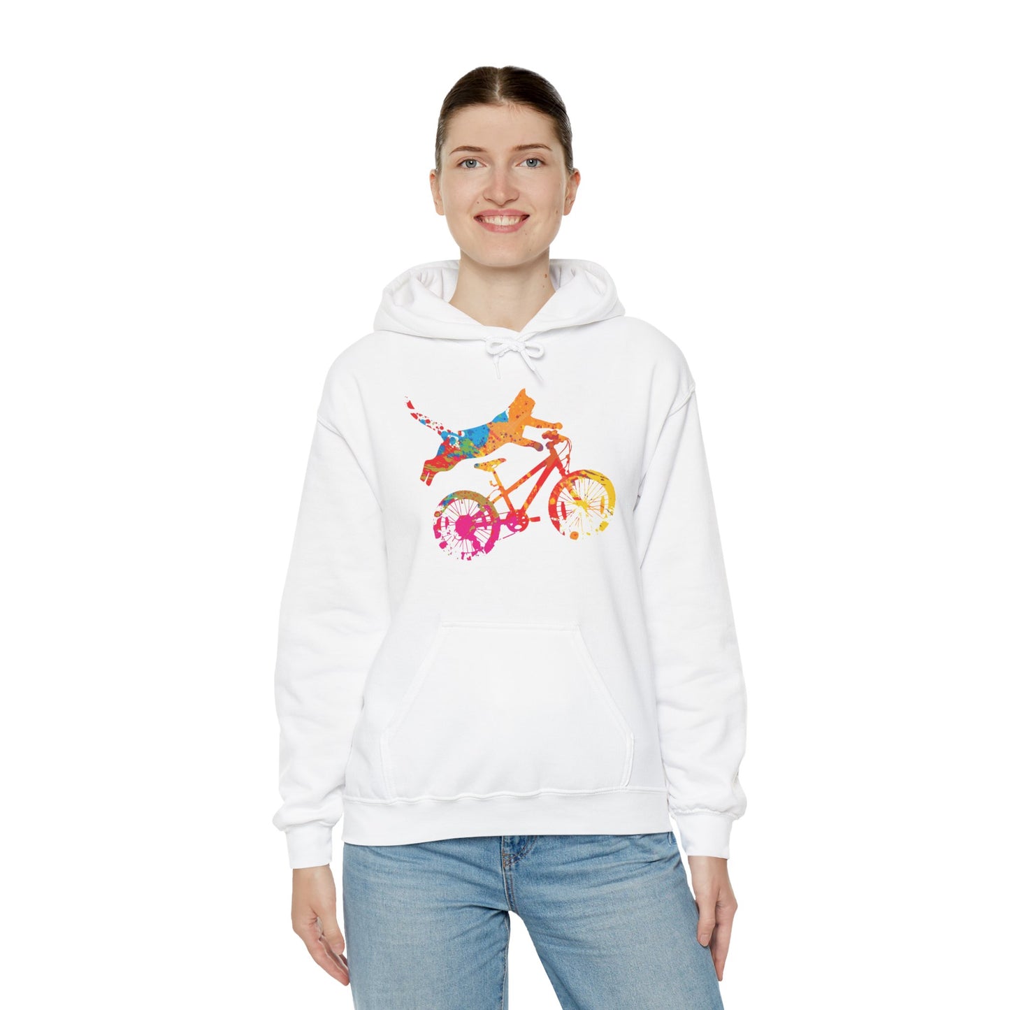 Cat on Bike Colorful Graphic Hoodie — Playful Bicycle Cat Art Sweatshirt