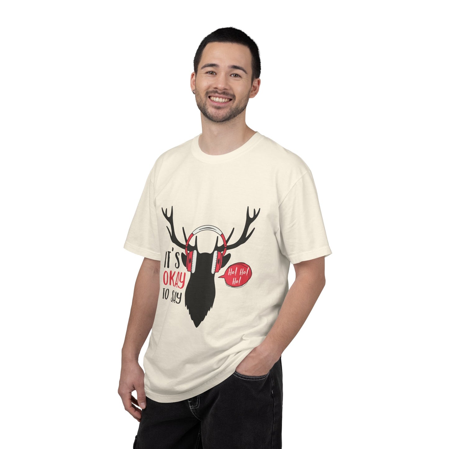 Reindeer Headphones Christmas T-Shirt – "It’s Okay to Say Ho! Ho! Ho!" Holiday Tee