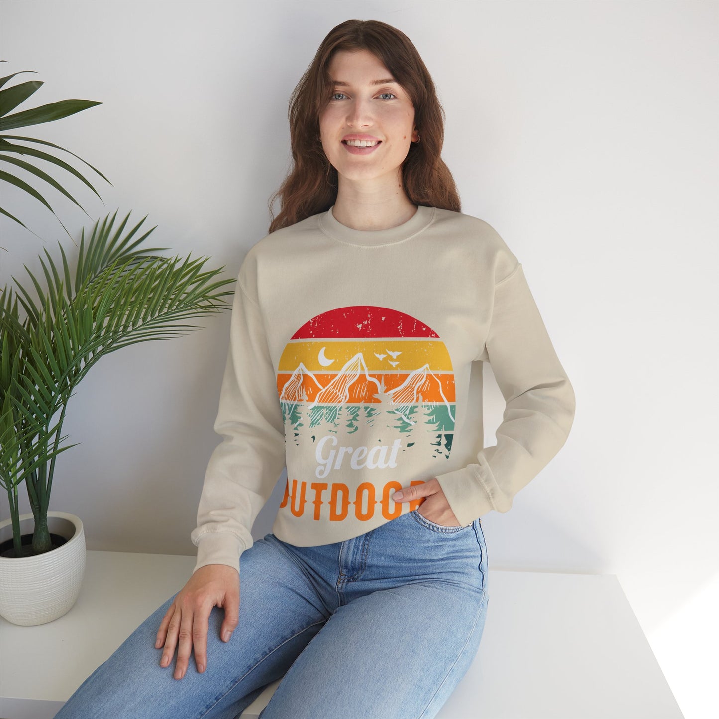 Great Outdoors Crewneck Sweatshirt — Vintage Sunset Camping Hoodie Alternative