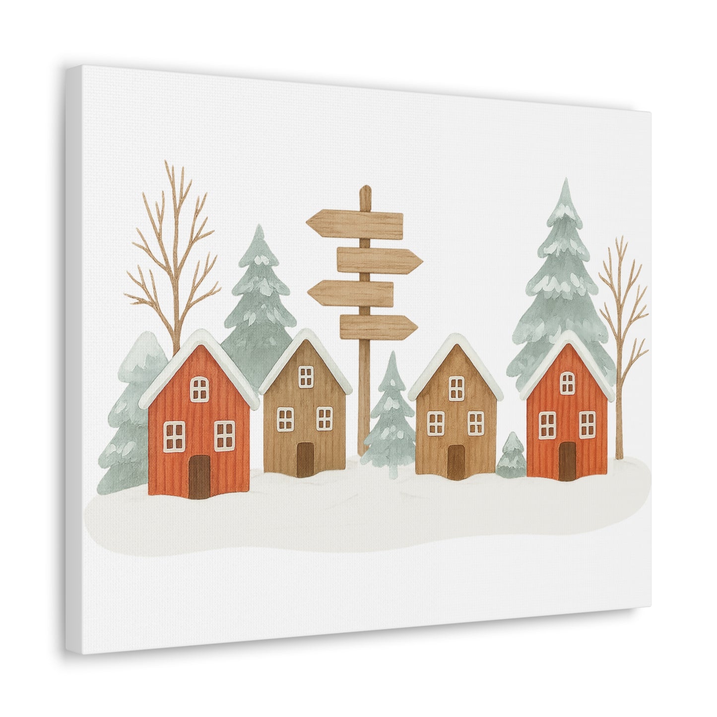 Winter Village Canvas Wall Art - Cozy Rustic Cabin Scene