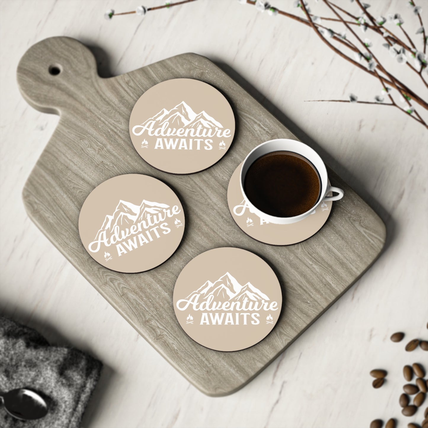 Adventure Awaits Coaster — Mountain Travel Cork Drink Coaster